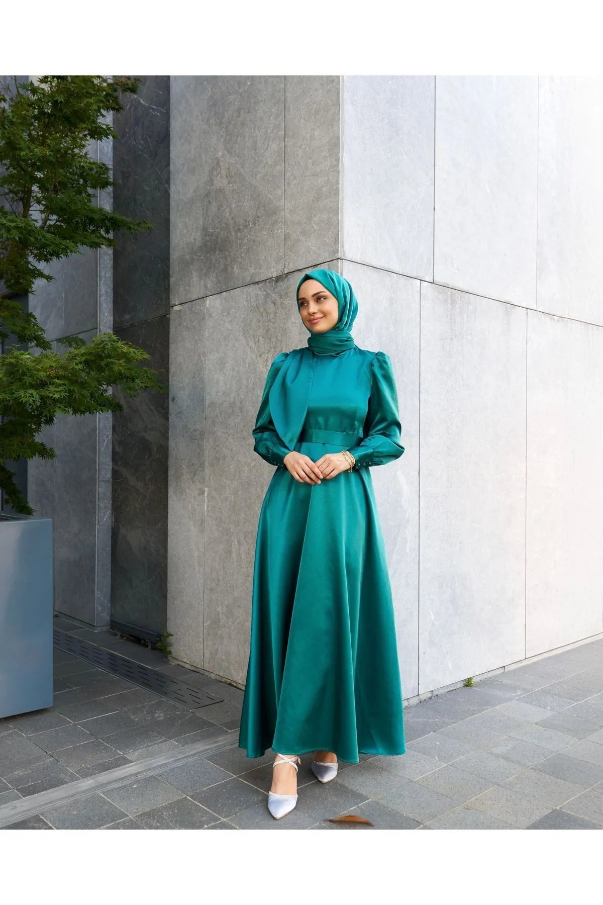 Ocean Green Satin Modest Evening Dress with Cross-Tie Detail