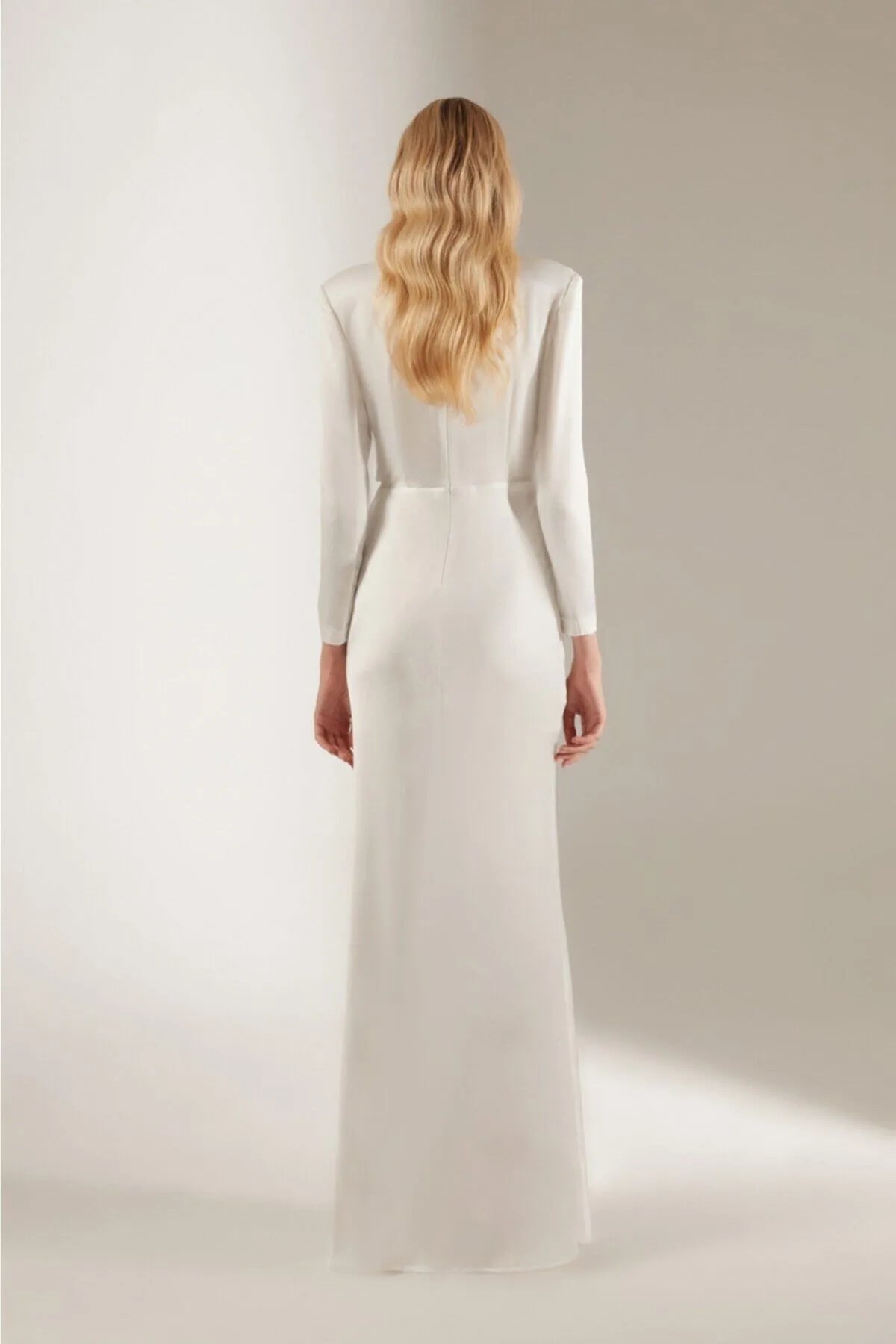 Modest V-Neck Shawl White Satin Wedding/Engagement Party Dress - sonafey