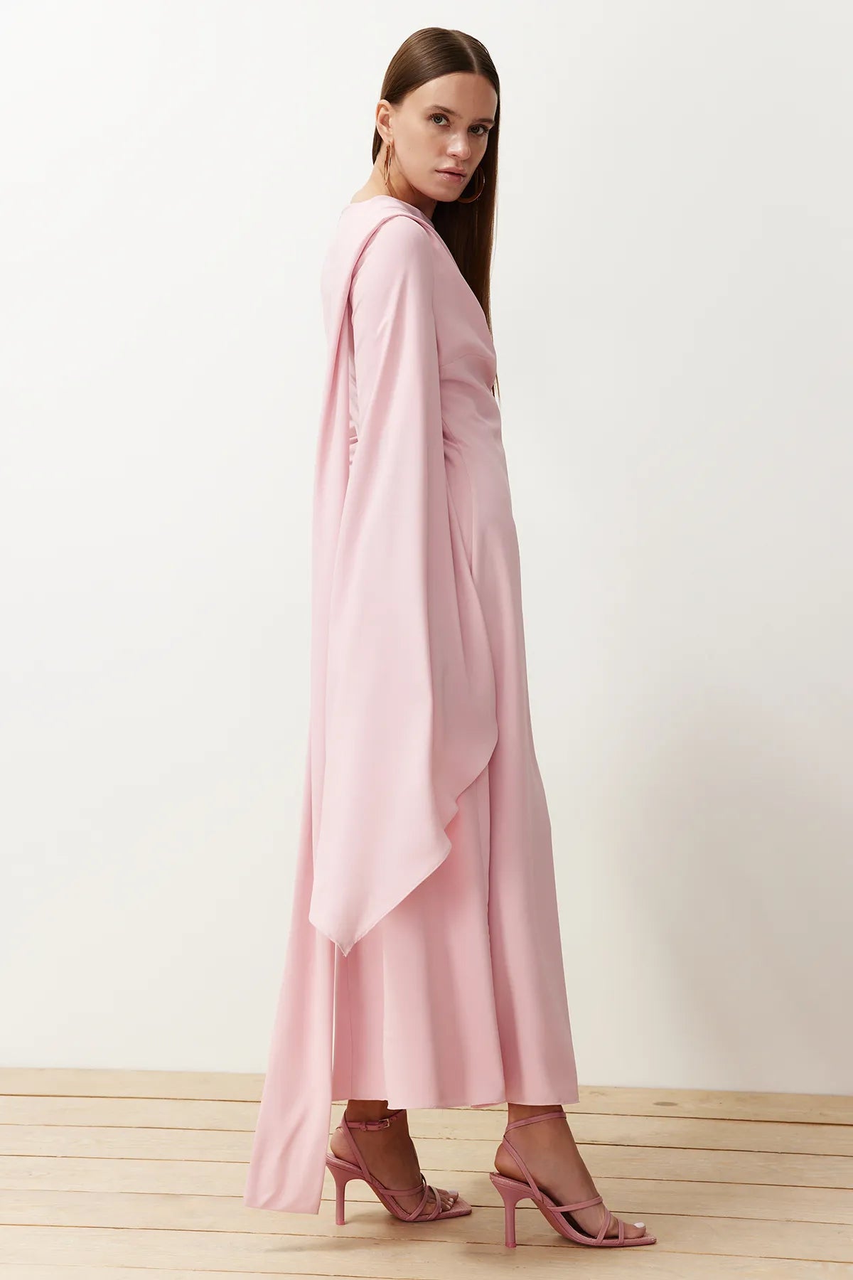 Powder Pink Shawl-Detail Evening Dress - sonafey