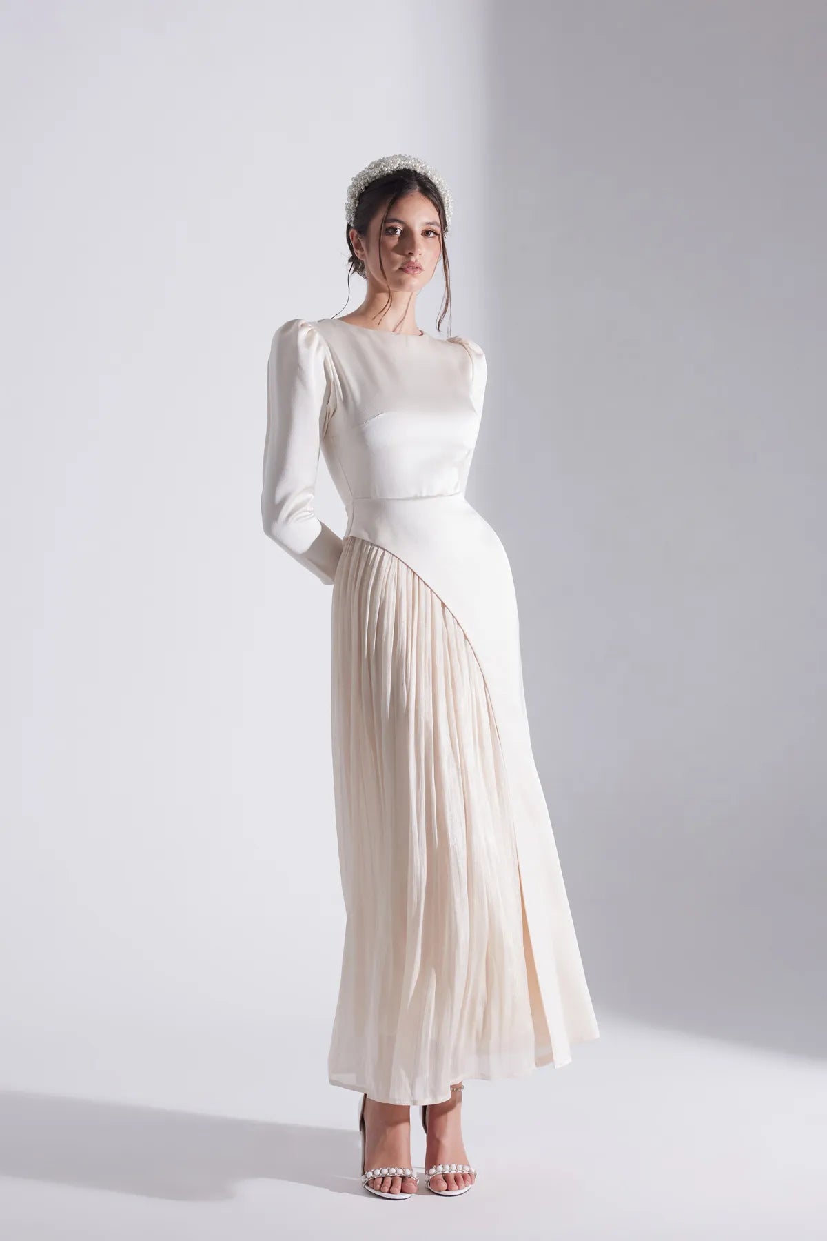 Ecru Asymmetric Detailed Chiffon Skirt Wedding Dress 34 Ecru Asymmetric Detailed Chiffon Skirt Wedding Dress 34