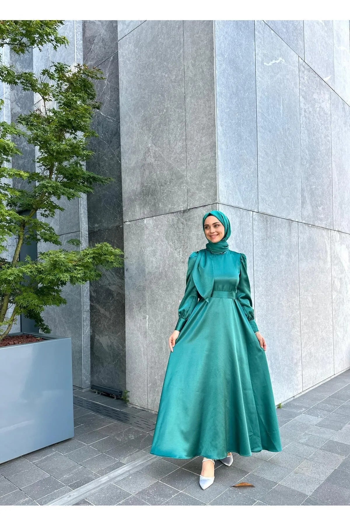 Ocean Green Satin Modest Evening Dress with Cross-Tie Detail