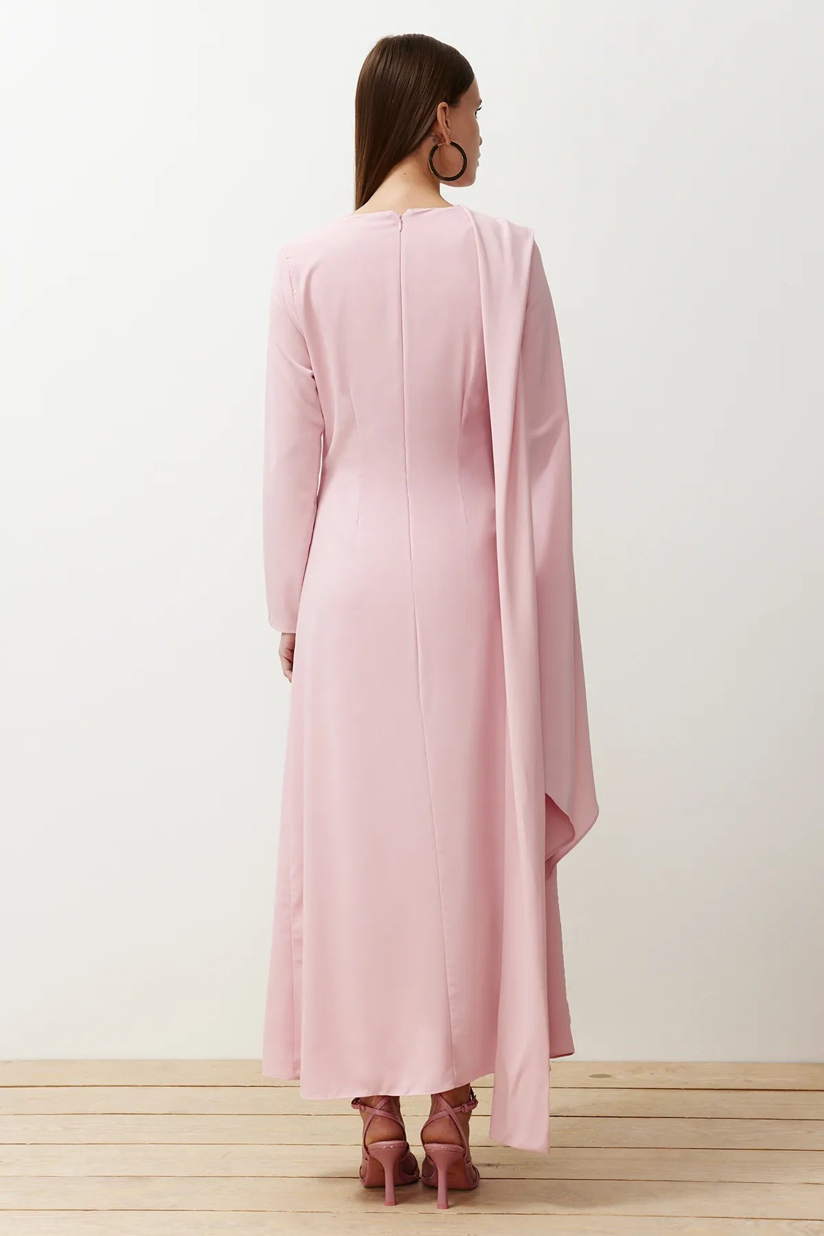 Powder Pink Shawl-Detail Evening Dress - sonafey