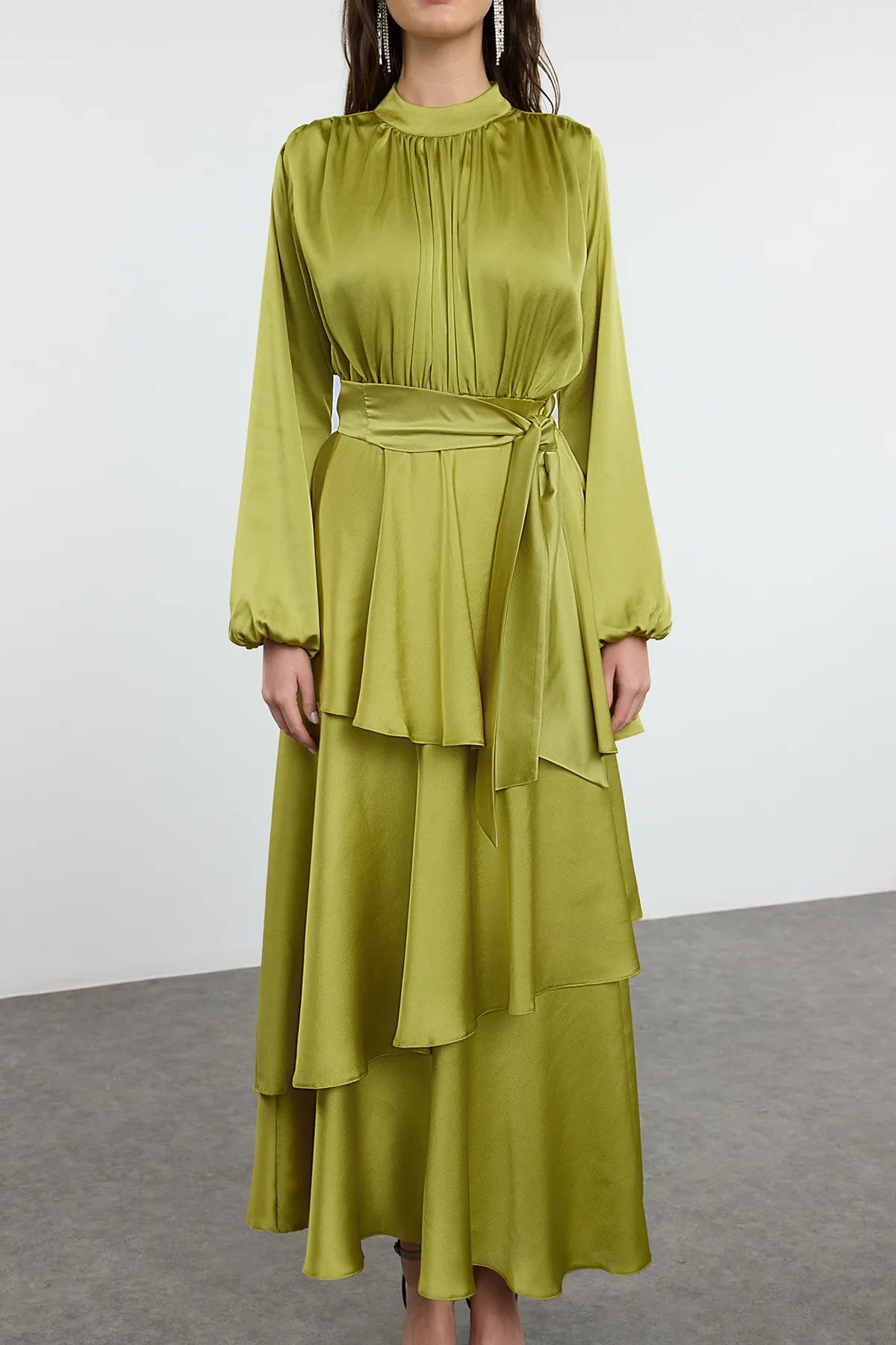 Pistachio Layered Satin Evening Dress