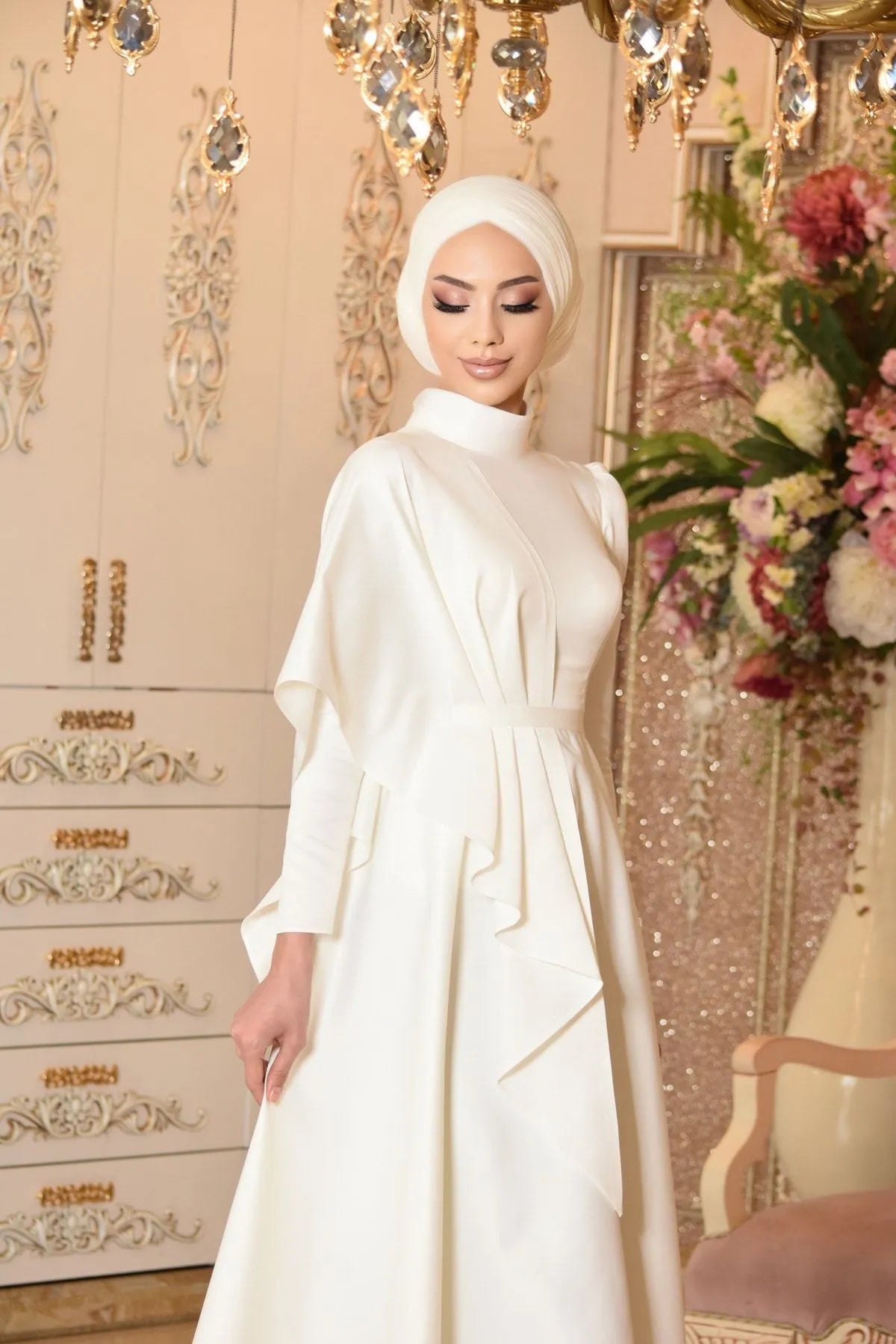 Long Sleeve Satin Modest Bridal Gown - sonafey