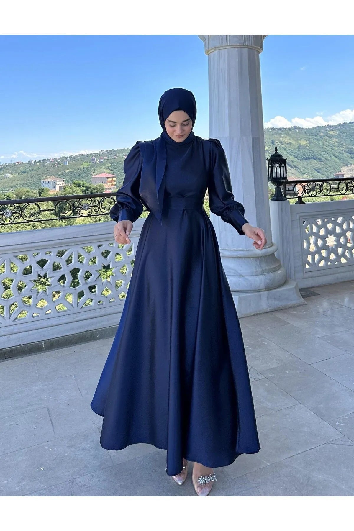 Navy Satin Modest Evening Dress with Cross-Tie Detail