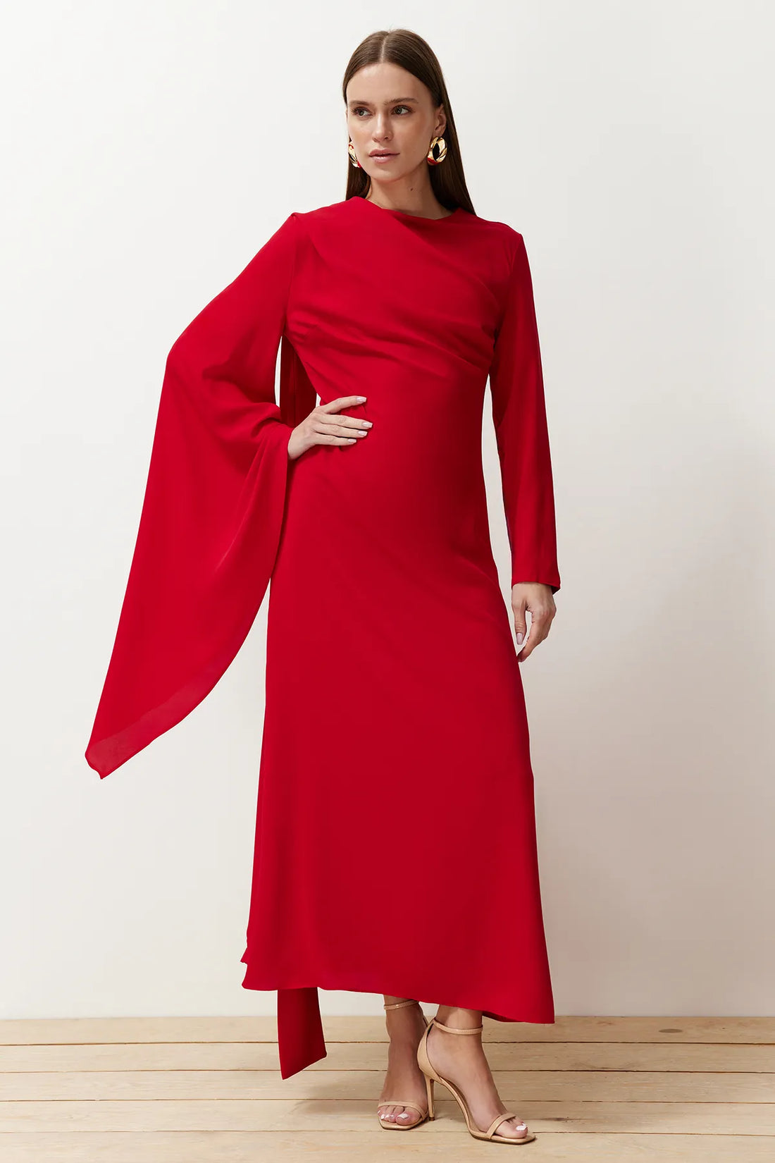 Cherry Red Shawl-Detail Evening Dress - sonafey