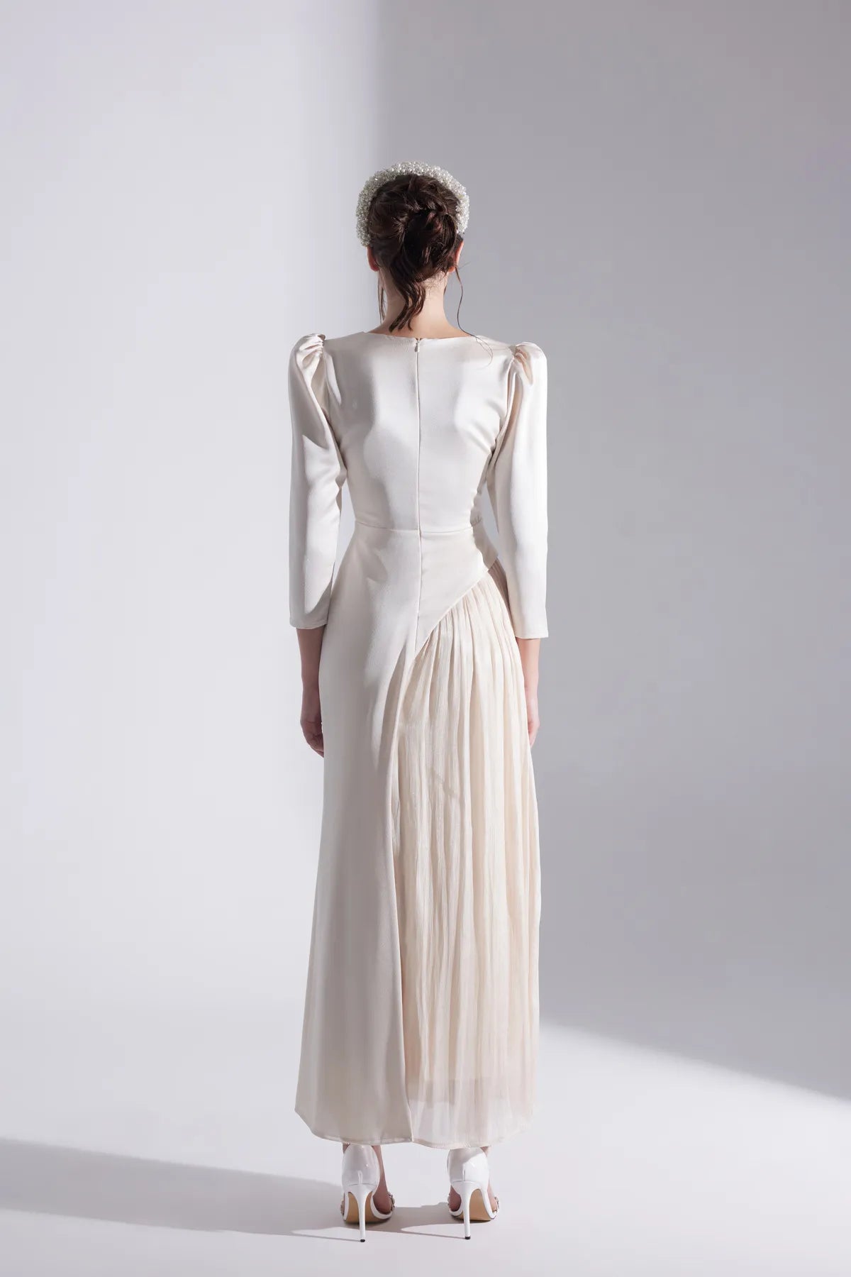 Ecru Asymmetric Detailed Chiffon Skirt Wedding Dress - sonafey