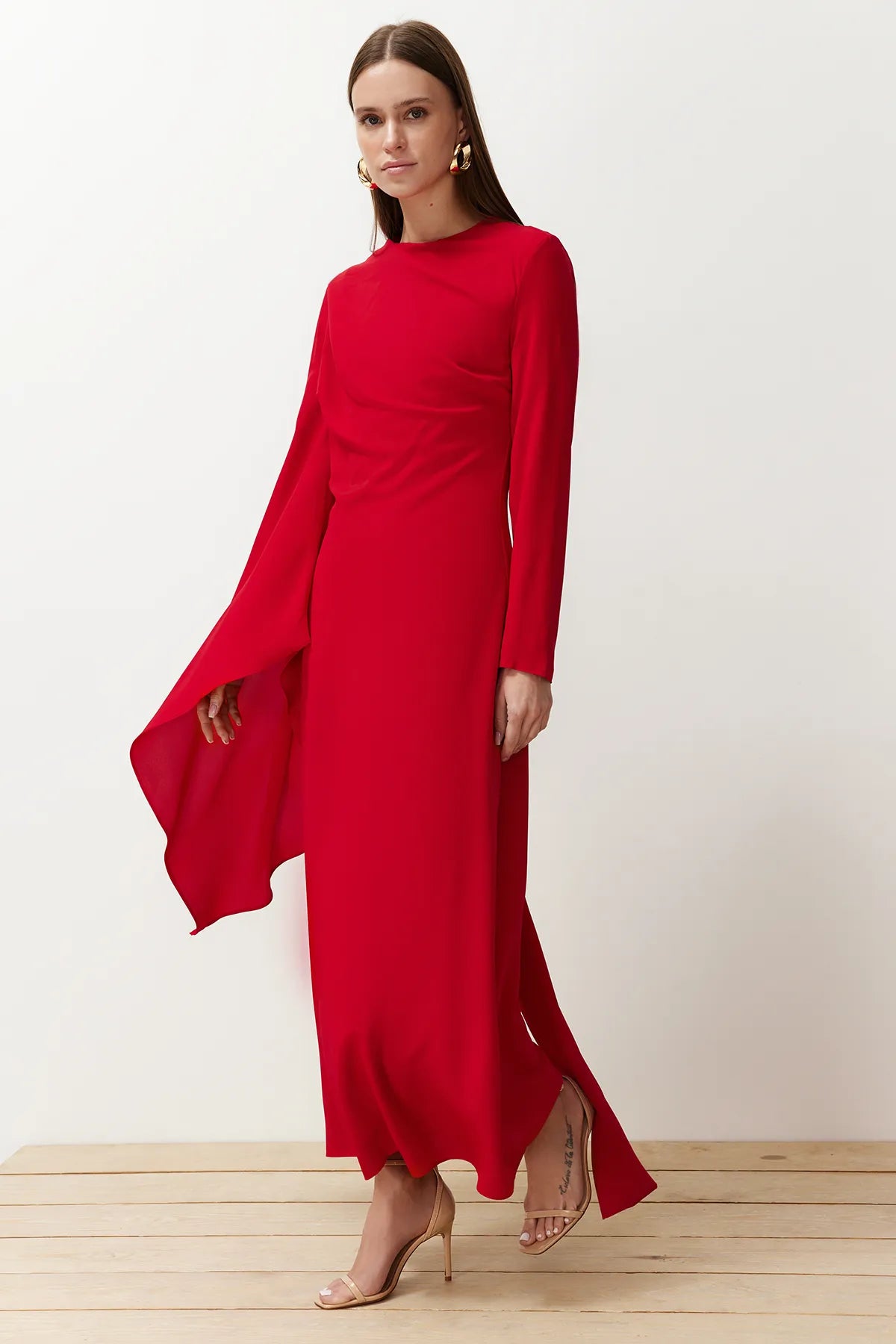 Cherry Red Shawl-Detail Evening Dress sonafey Cherry Red Shawl-Detail Evening Dress sonafey