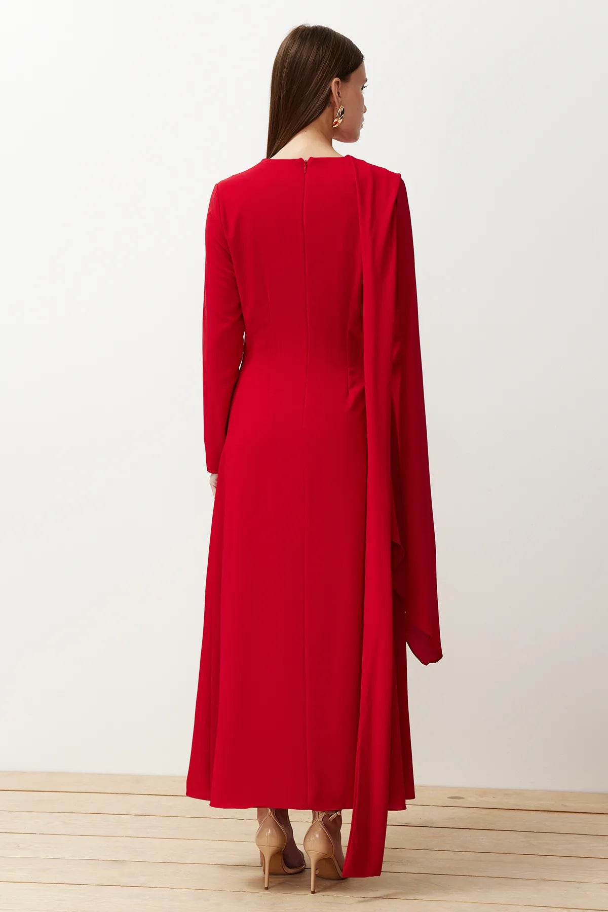 Cherry Red Shawl-Detail Evening Dress - sonafey
