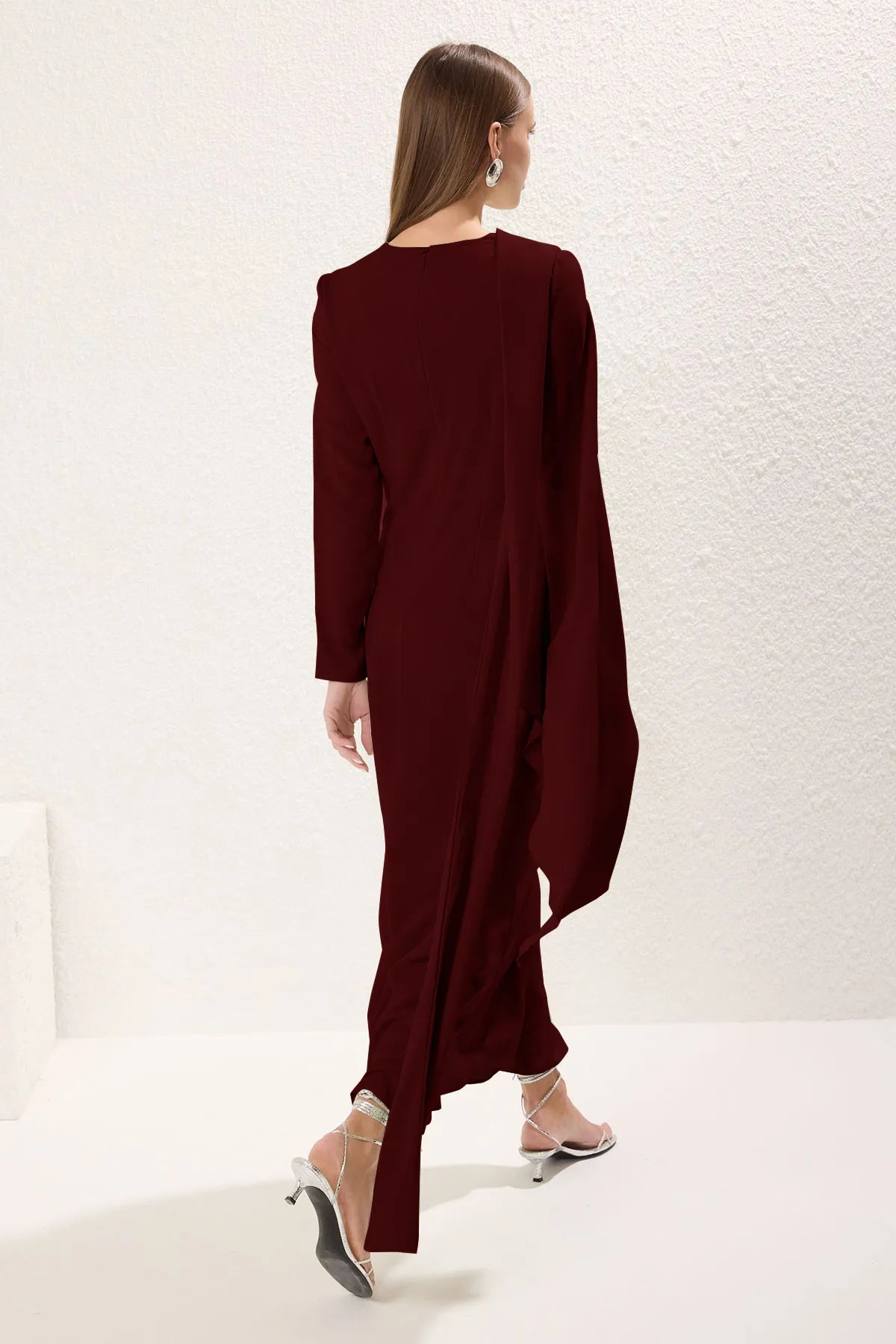 Burgundy Shawl-Detail Evening Dress
