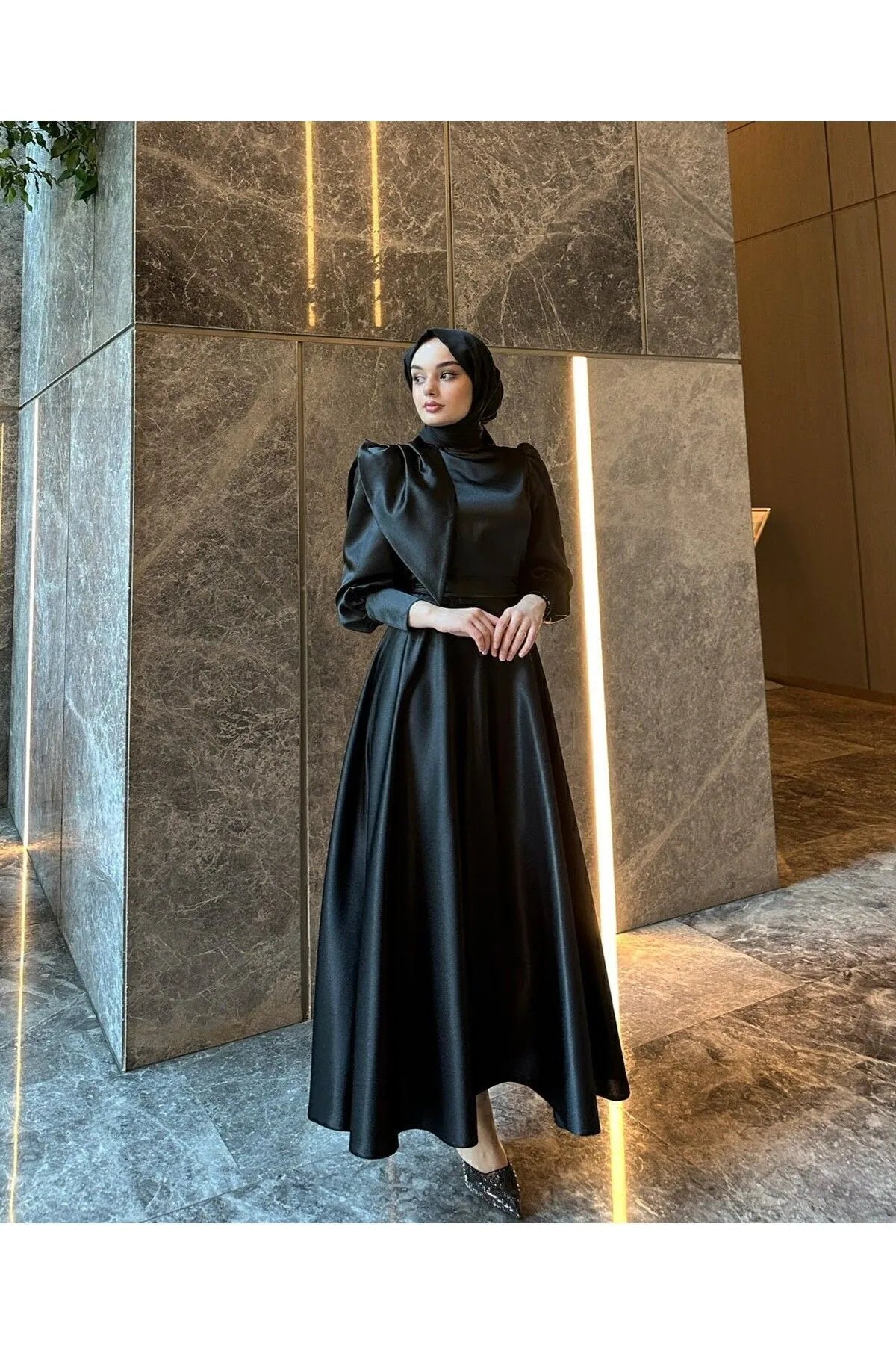 Black Satin Modest Evening Dress with Cross-Tie Detail