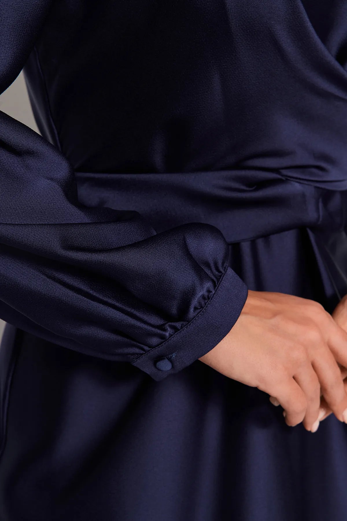 Cross Wrap Detail Navy Satin Evening Dress