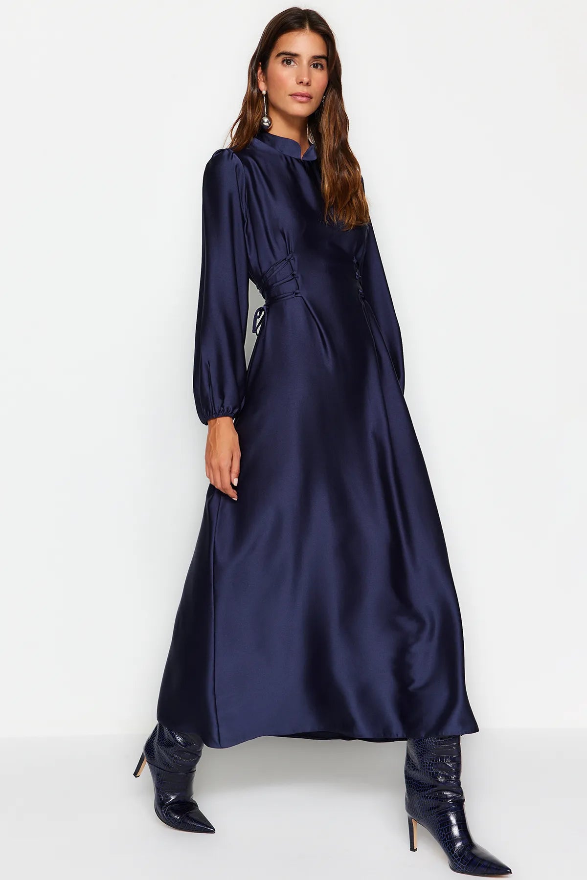 Navy Blue Belted Satin Evening Dress - sonafey