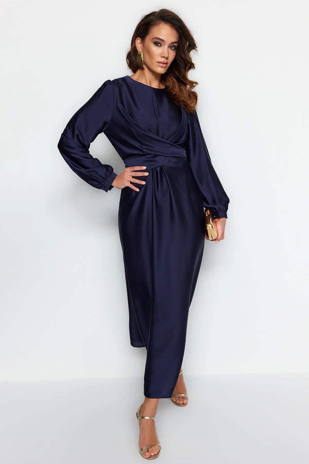 Cross Wrap Detail Navy Satin Evening Dress