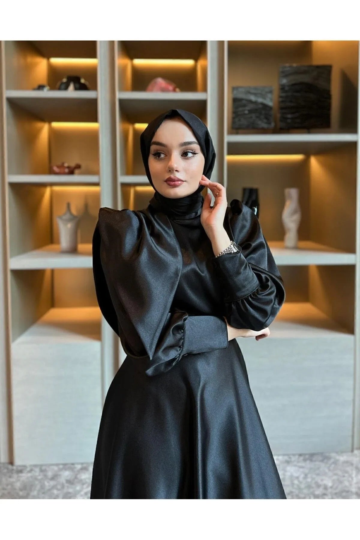 Black Satin Modest Evening Dress with Cross-Tie Detail