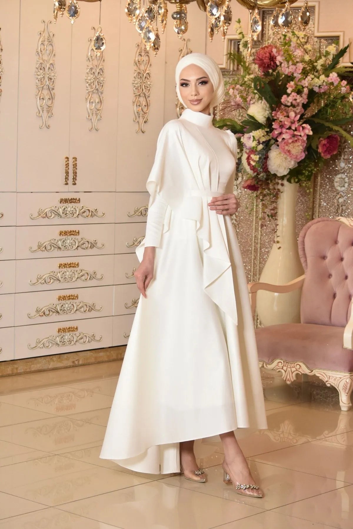 Long Sleeve Satin Modest Bridal Gown - sonafey
