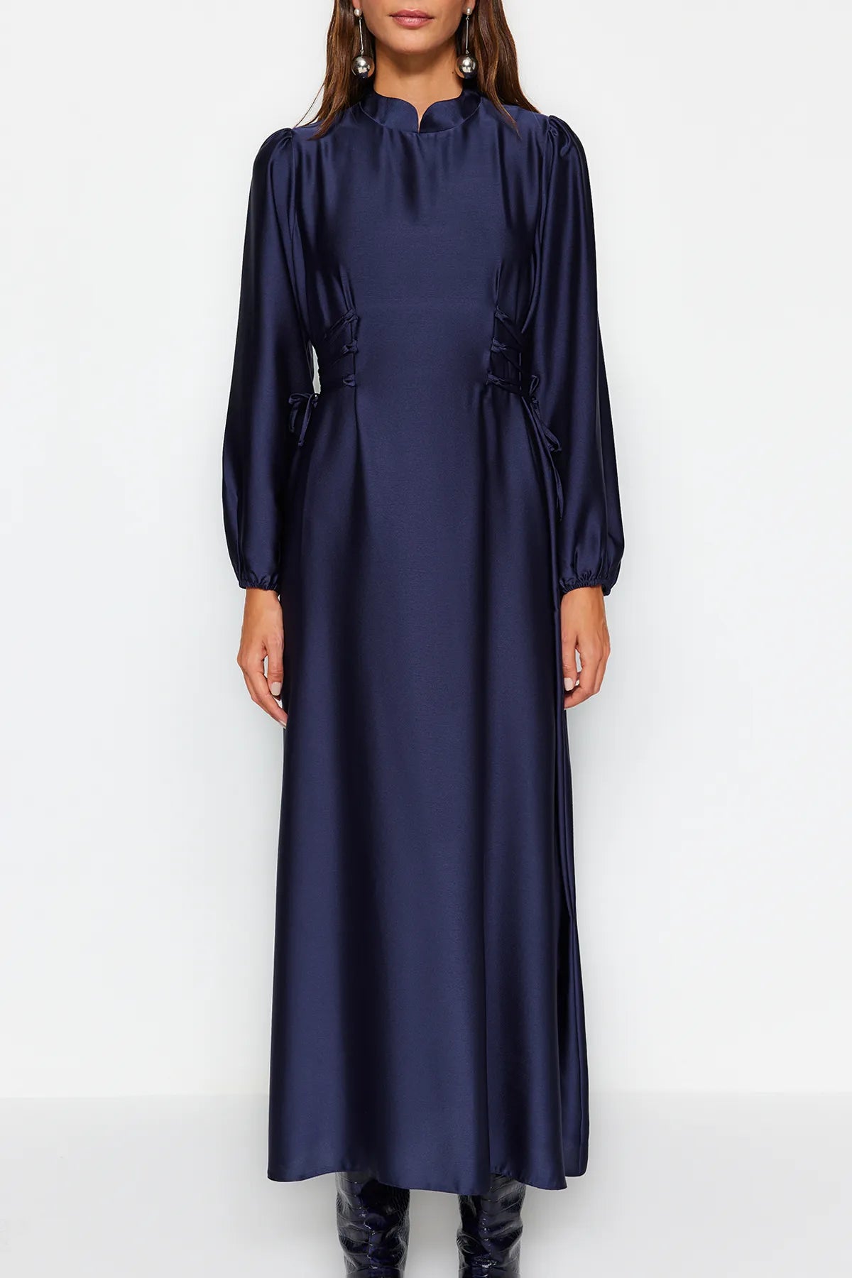 Navy Blue Belted Satin Evening Dress - sonafey