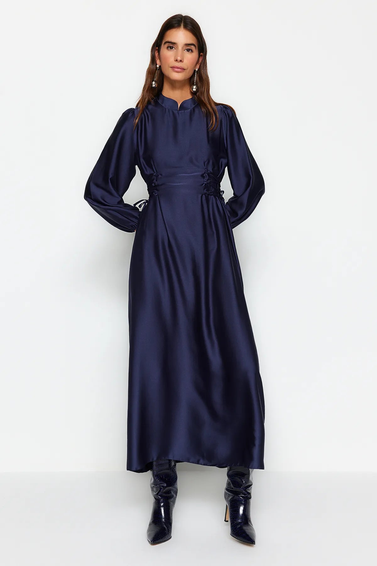 Navy Blue Belted Satin Evening Dress - sonafey