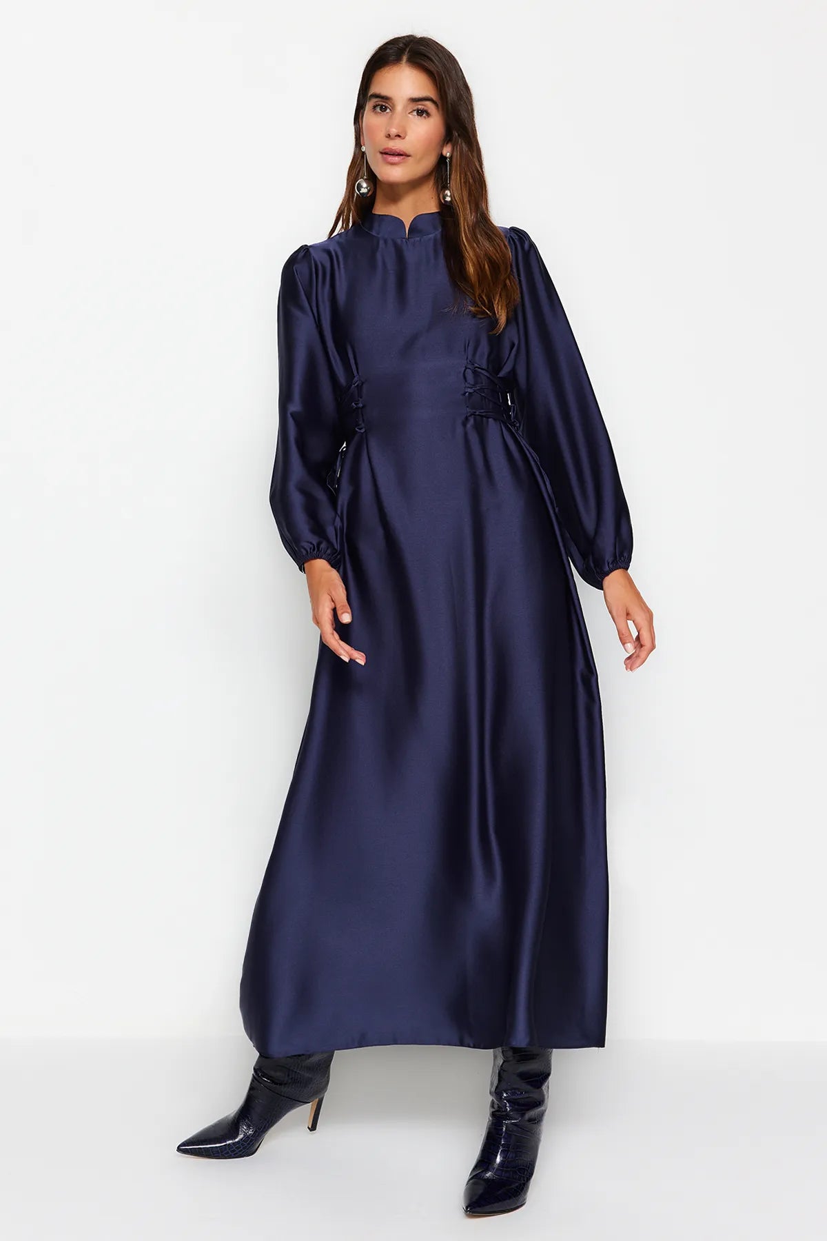 Navy Blue Belted Satin Evening Dress - sonafey
