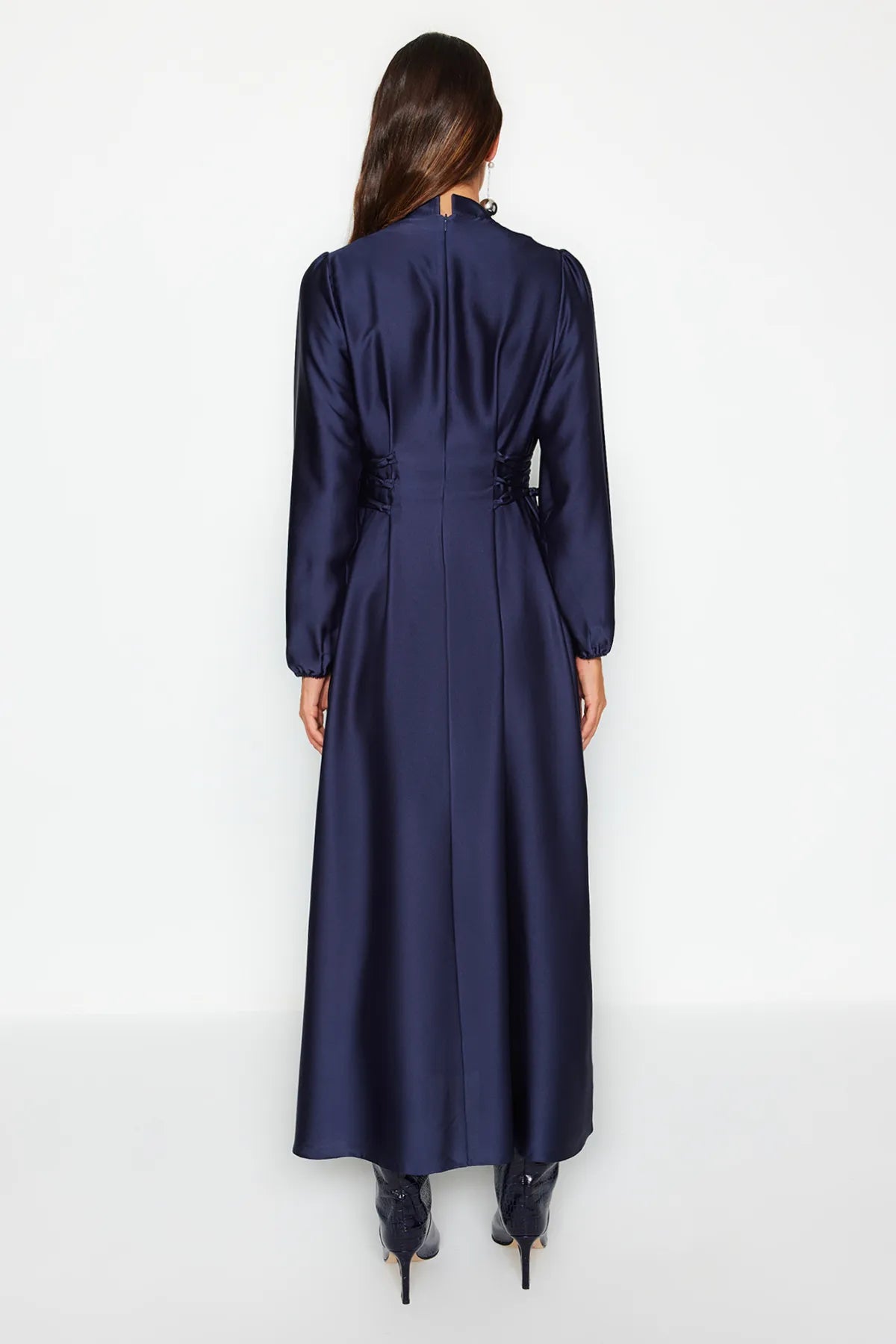 Navy Blue Belted Satin Evening Dress - sonafey