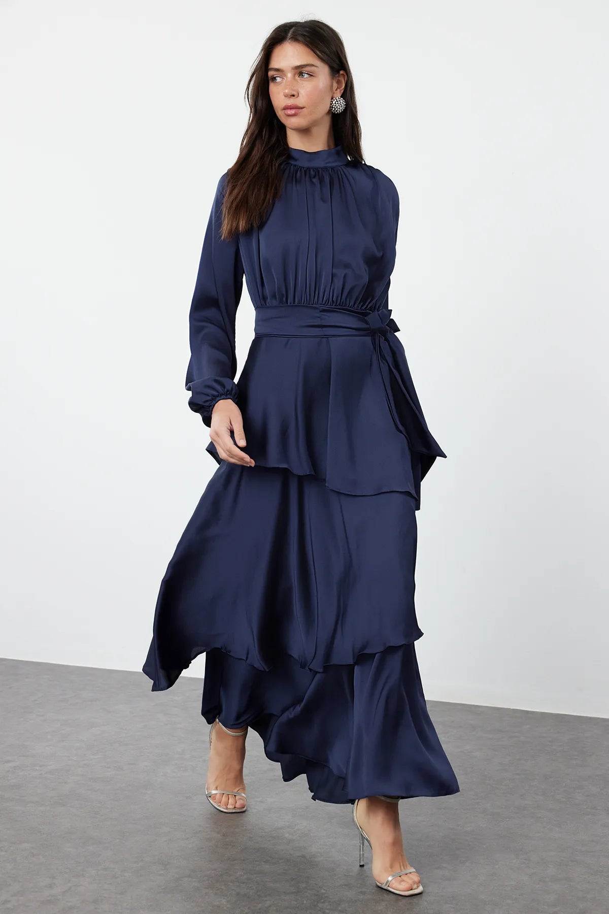 Navy Blue Layered Satin Evening Dress - sonafey