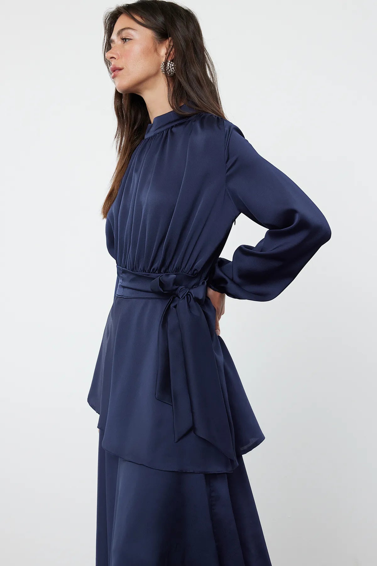 Navy Blue Layered Satin Evening Dress - sonafey