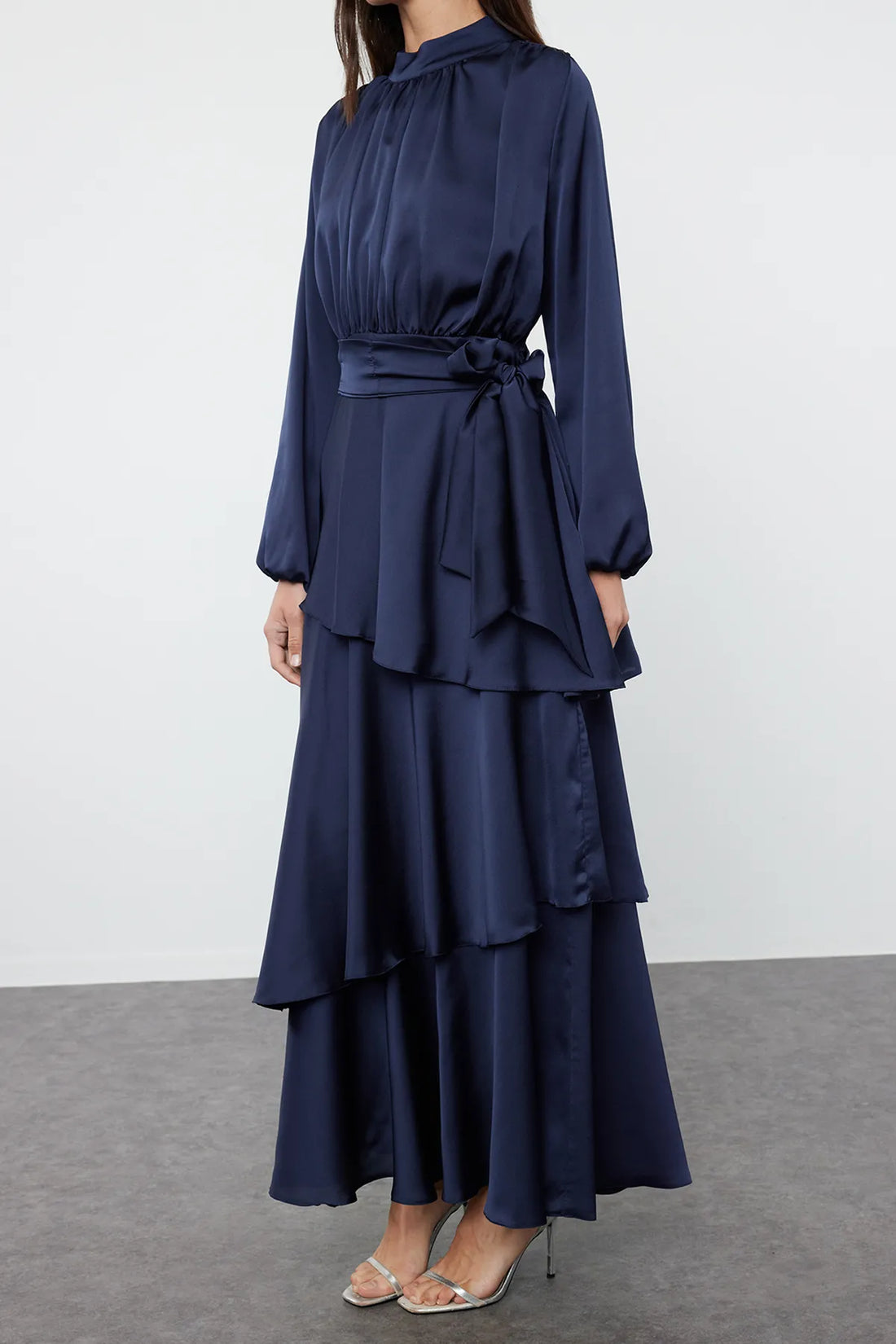 Navy Blue Layered Satin Evening Dress - sonafey