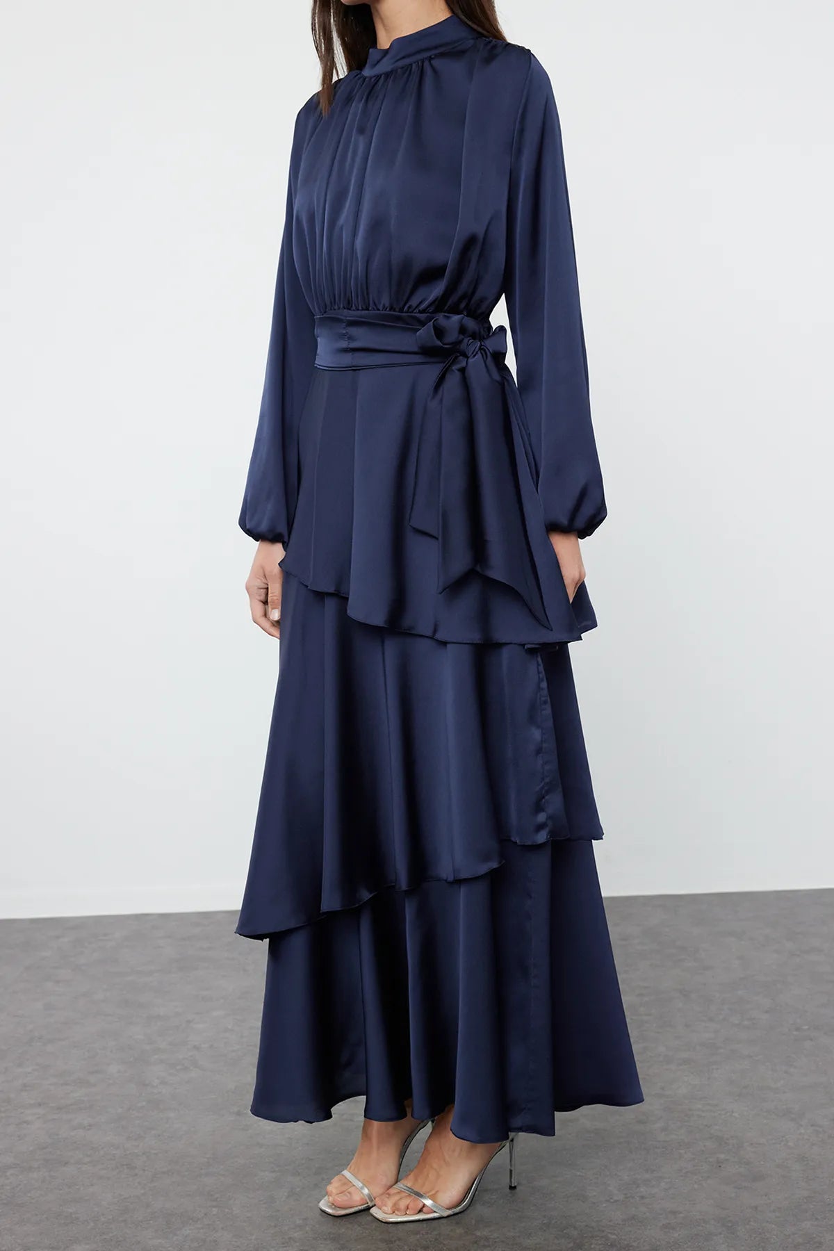 Navy Blue Layered Satin Evening Dress - sonafey