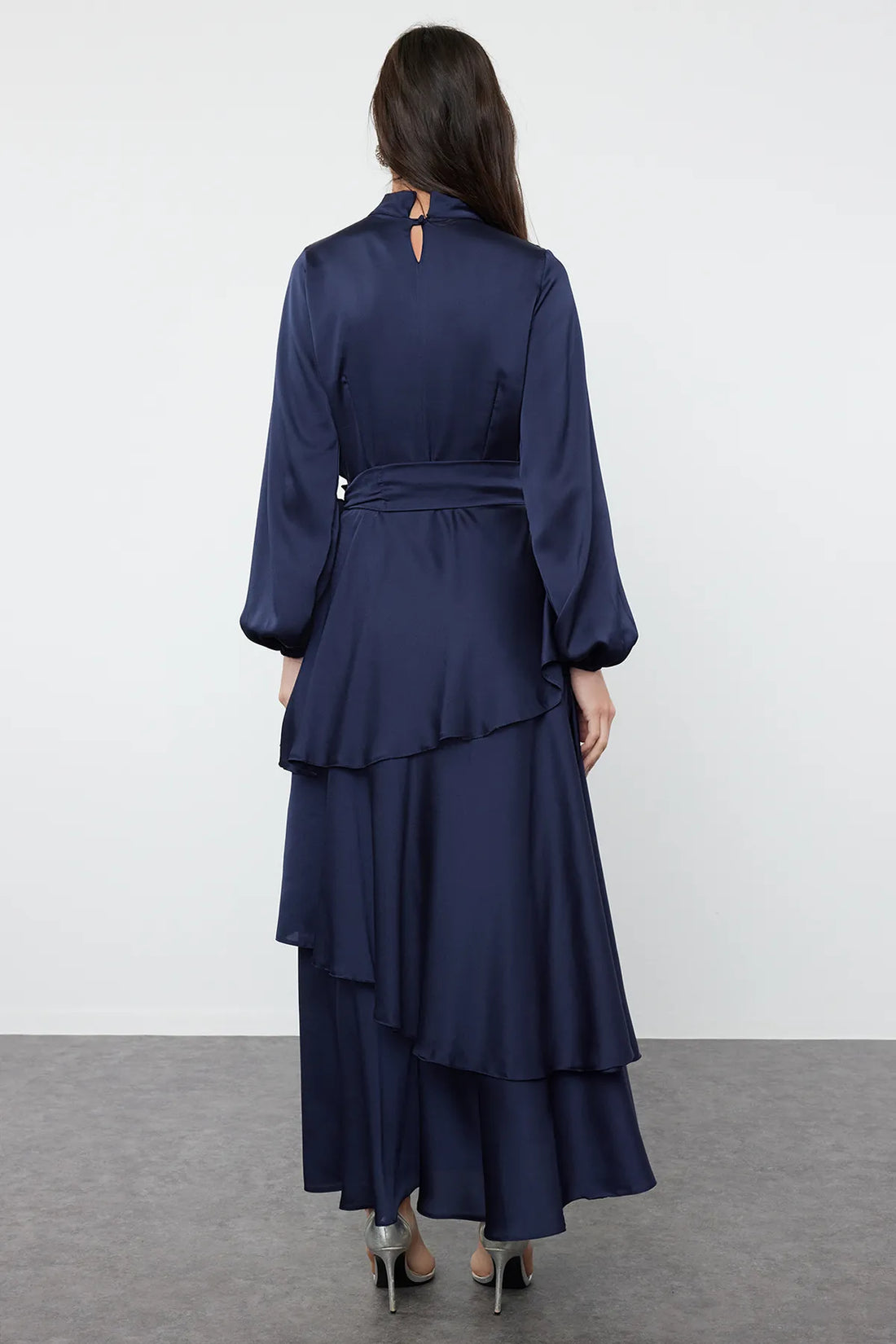 Navy Blue Layered Satin Evening Dress - sonafey