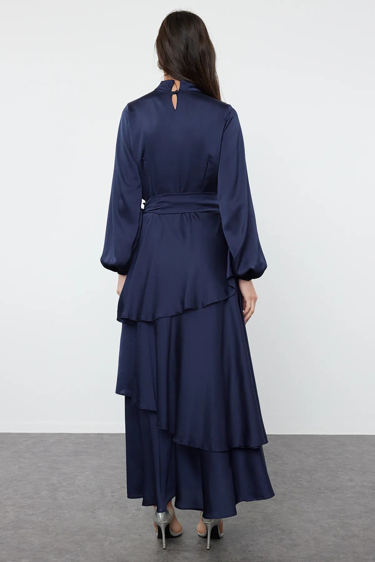 Navy Blue Layered Satin Evening Dress - sonafey