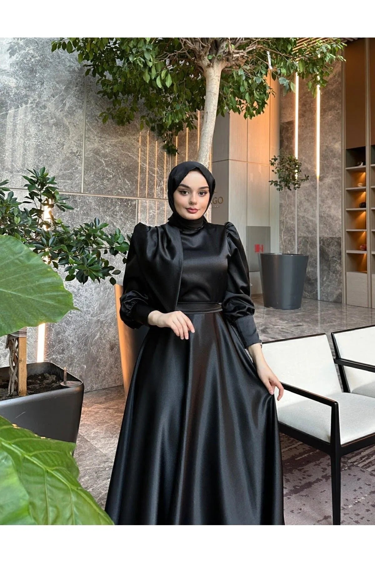 Black Satin Modest Evening Dress with Cross-Tie Detail