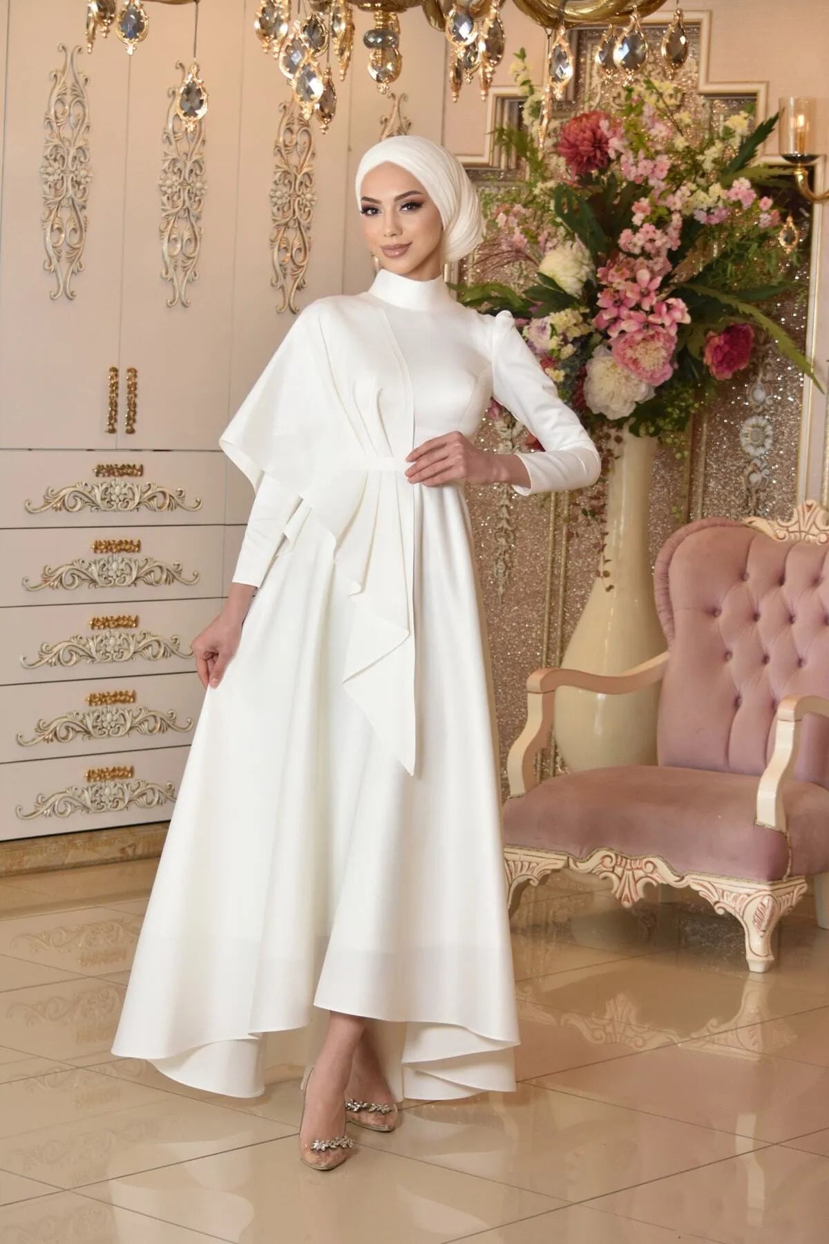 Long Sleeve Satin Modest Bridal Gown - sonafey