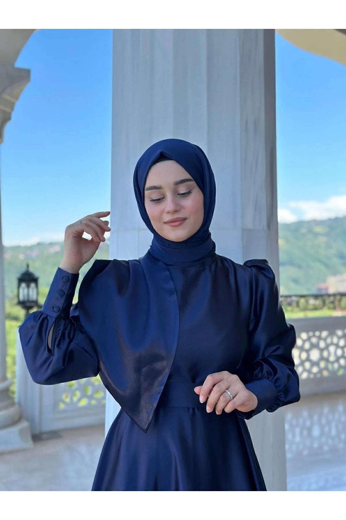 Navy Satin Modest Evening Dress with Cross-Tie Detail