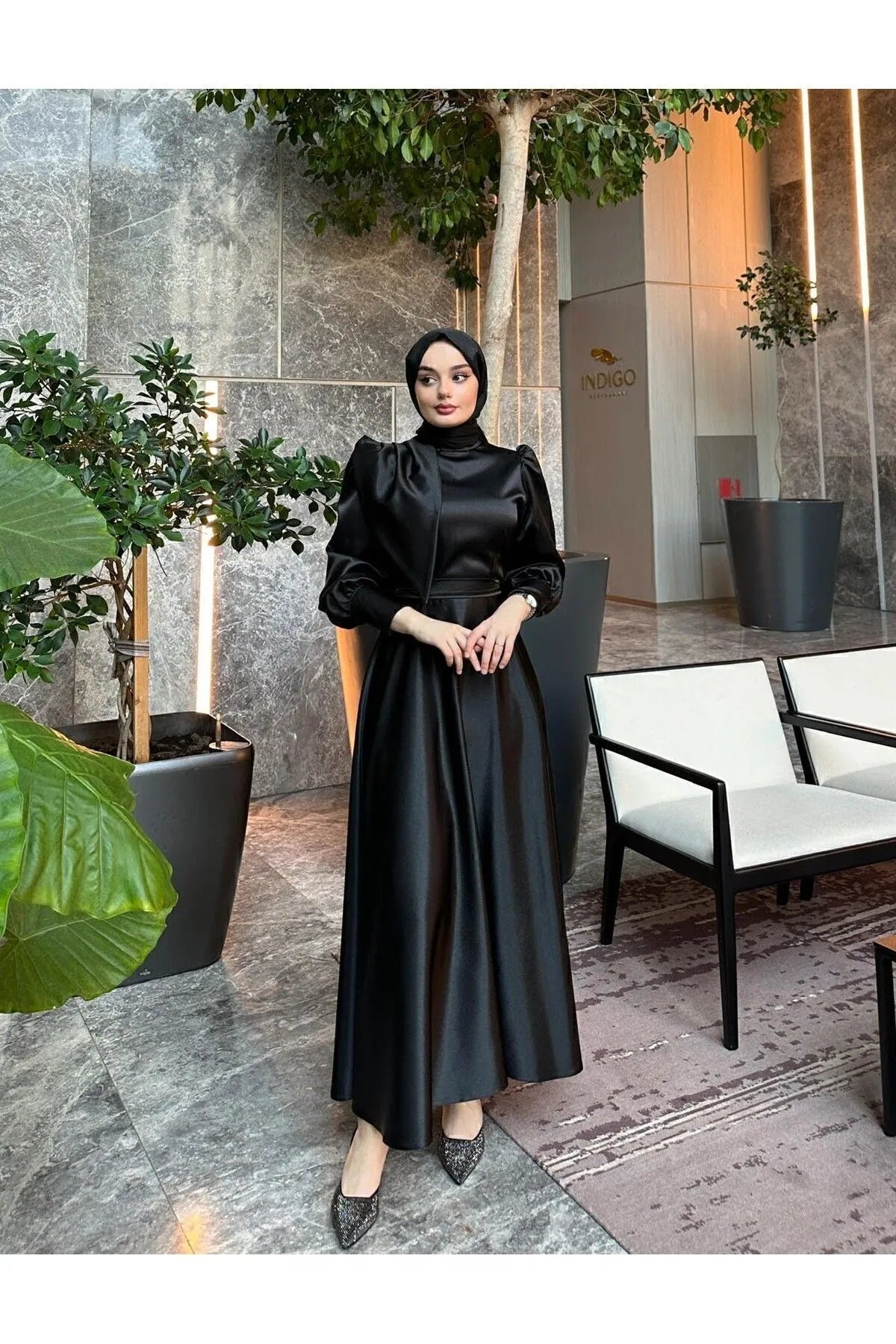 Black Satin Modest Evening Dress with Cross-Tie Detail