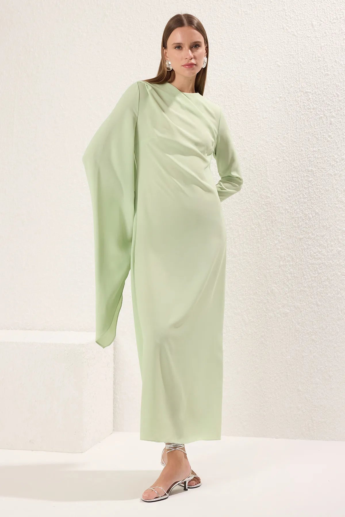 Light Lime Shawl-Detail Evening Dress
