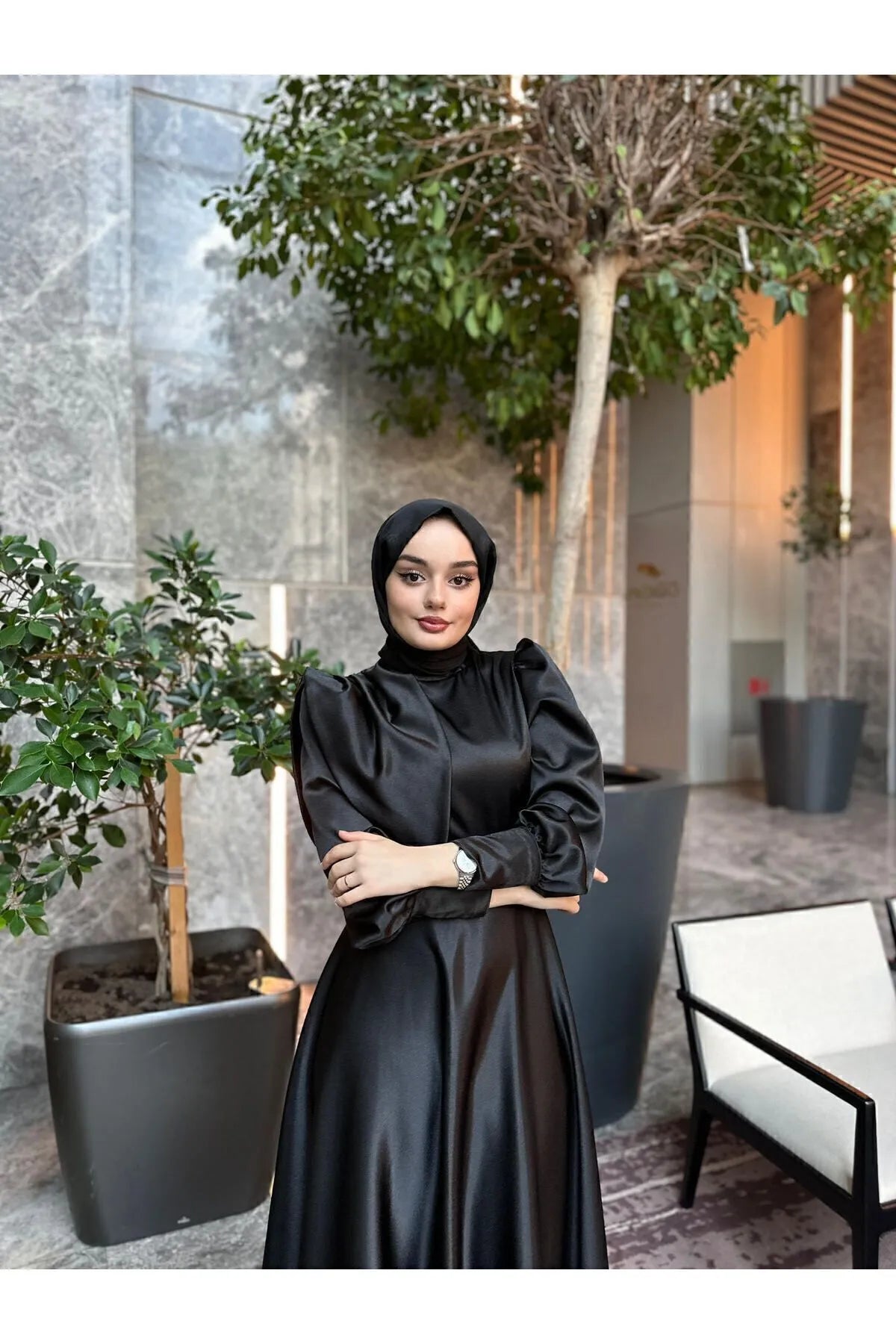 Black Satin Modest Evening Dress with Cross-Tie Detail