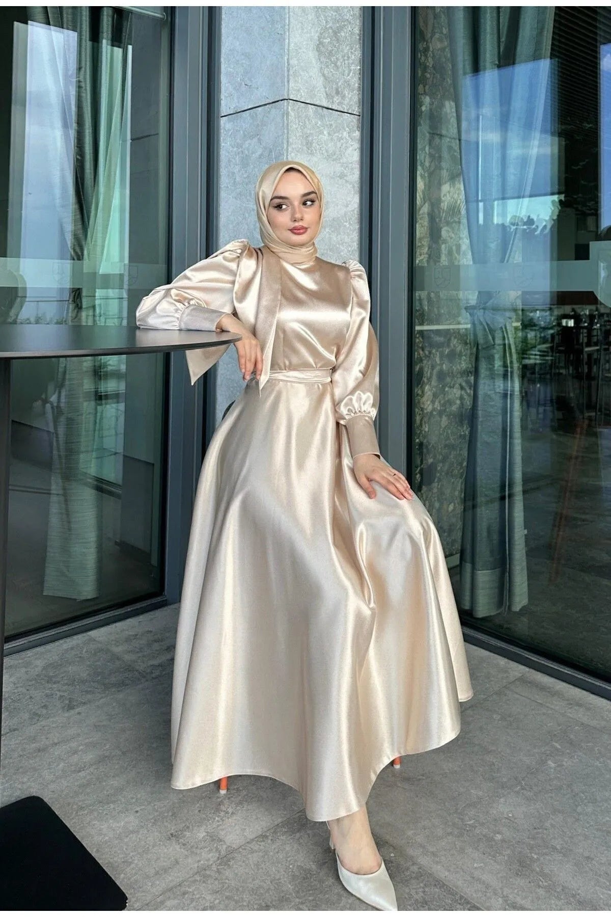 Beige Satin Modest Evening Dress with Cross-Tie Detail