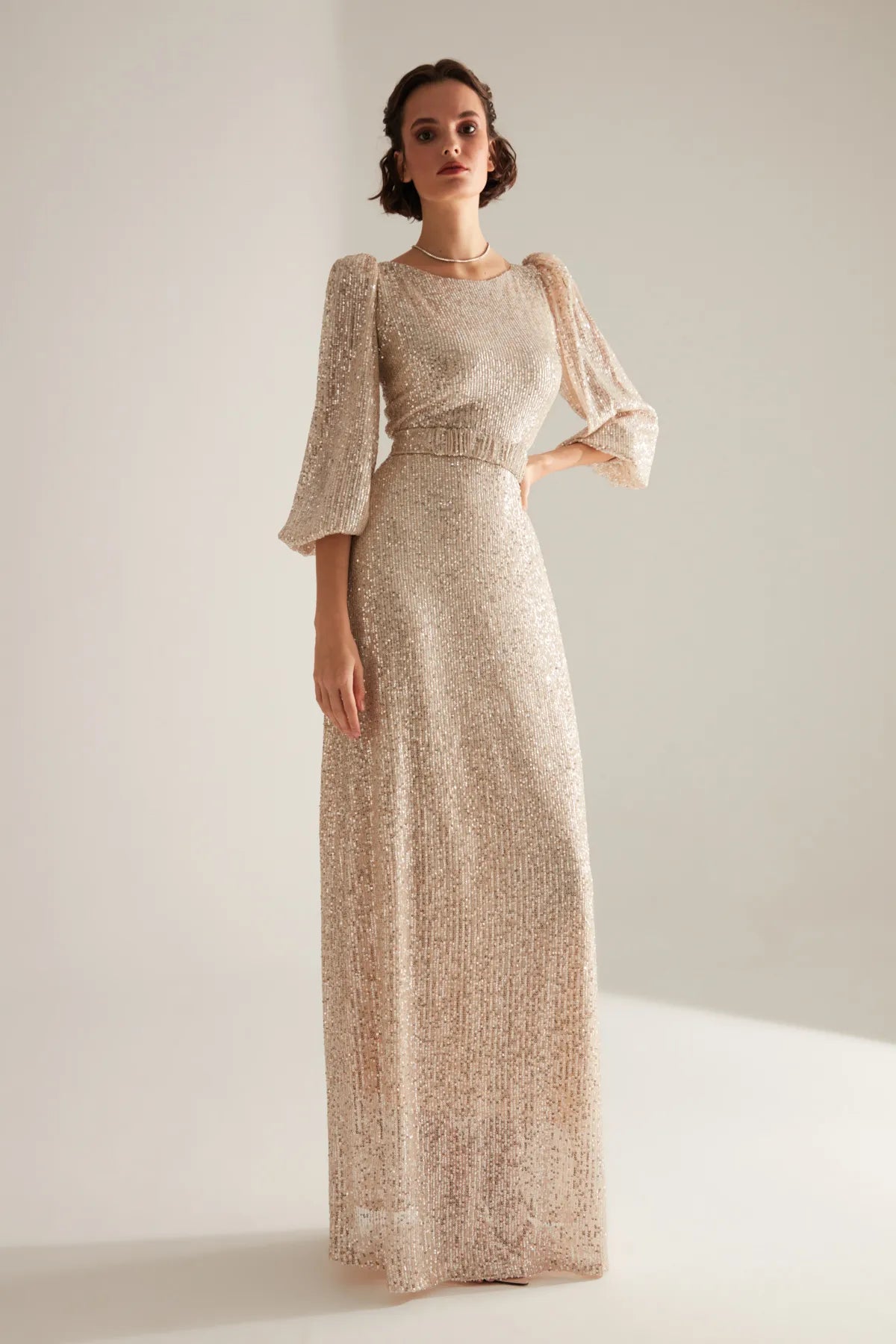 Sparkly Sequined Gold Balloon Sleeve Maxi Modest Evening Dress - sonafey