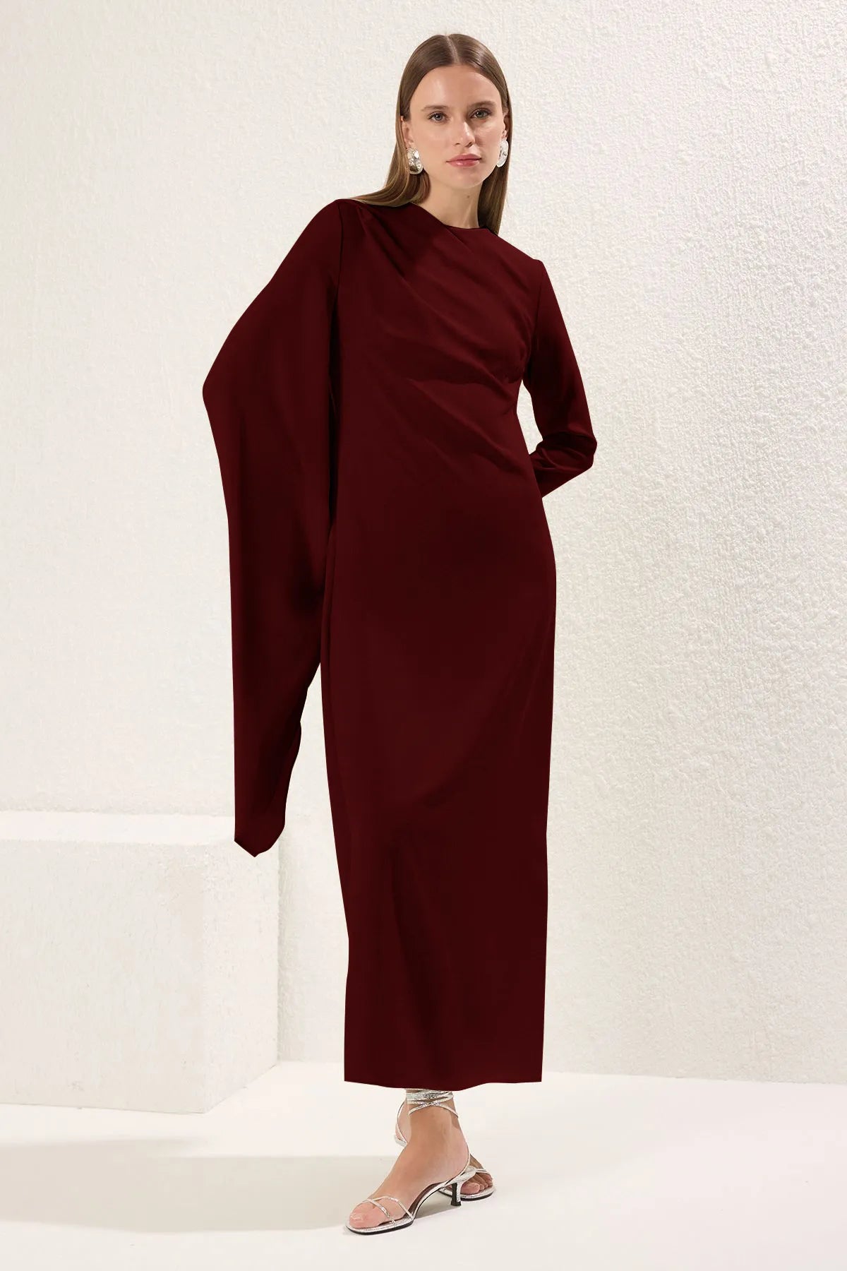 Burgundy Shawl-Detail Evening Dress
