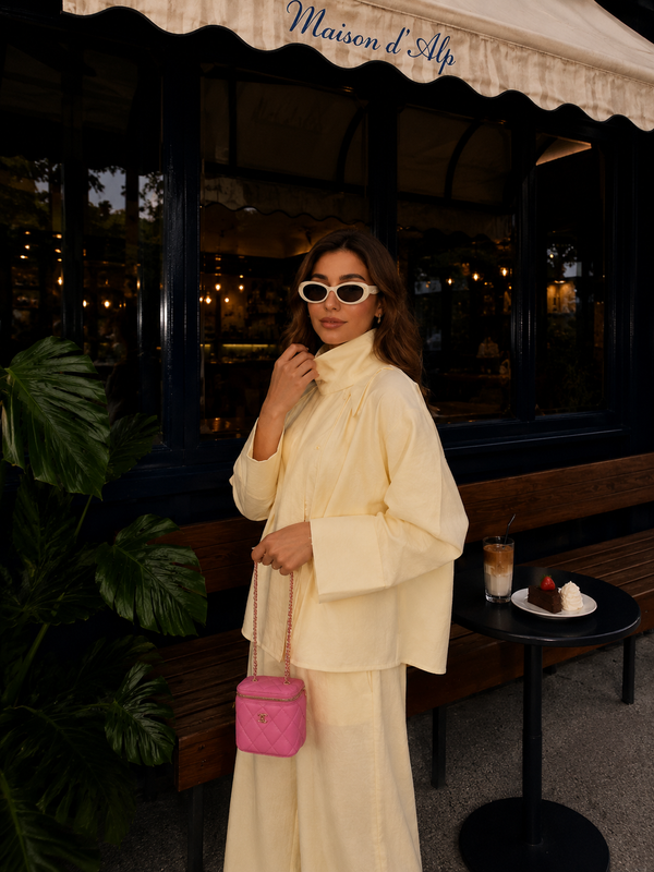 Yellow 100% Cotton Mock-Neck Shirt & Wide-Leg Pants Co-ord Set