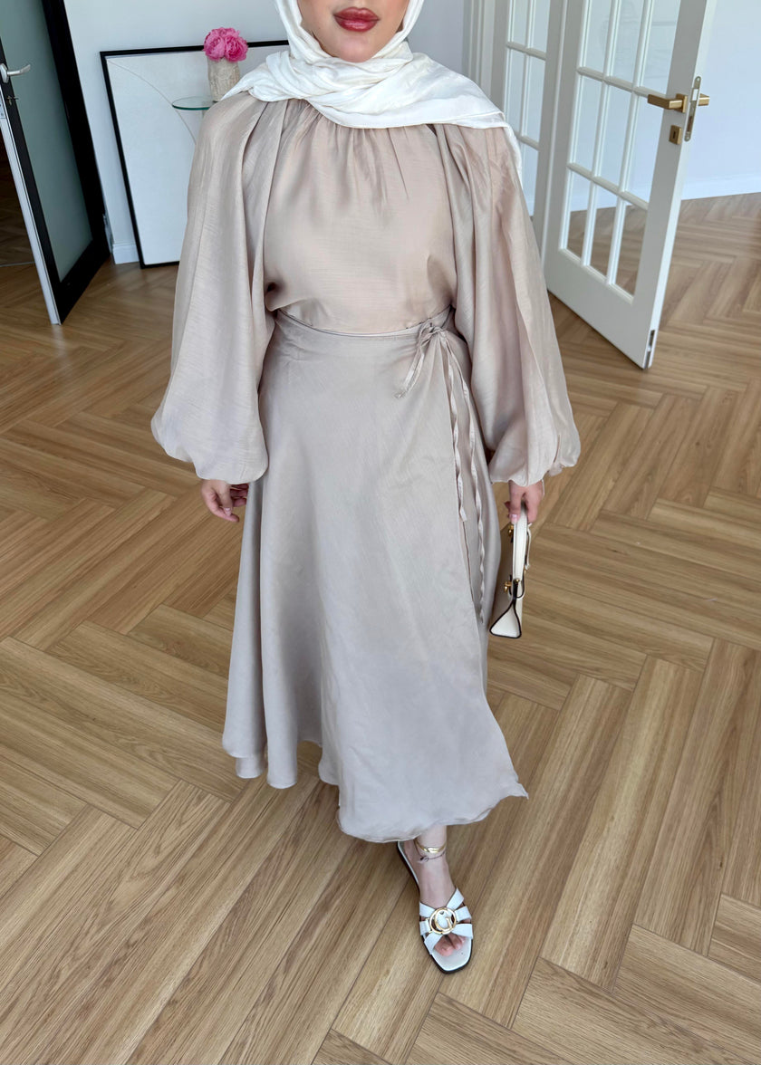 Soft Candy Tie-Front Skirt & Puff Sleeve Blouse Set Taupe
