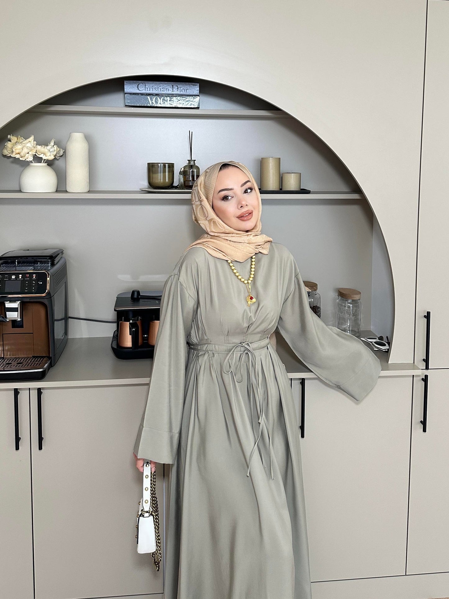 Fitted Waist Maxi Dress in Modal Fabric- Khaki