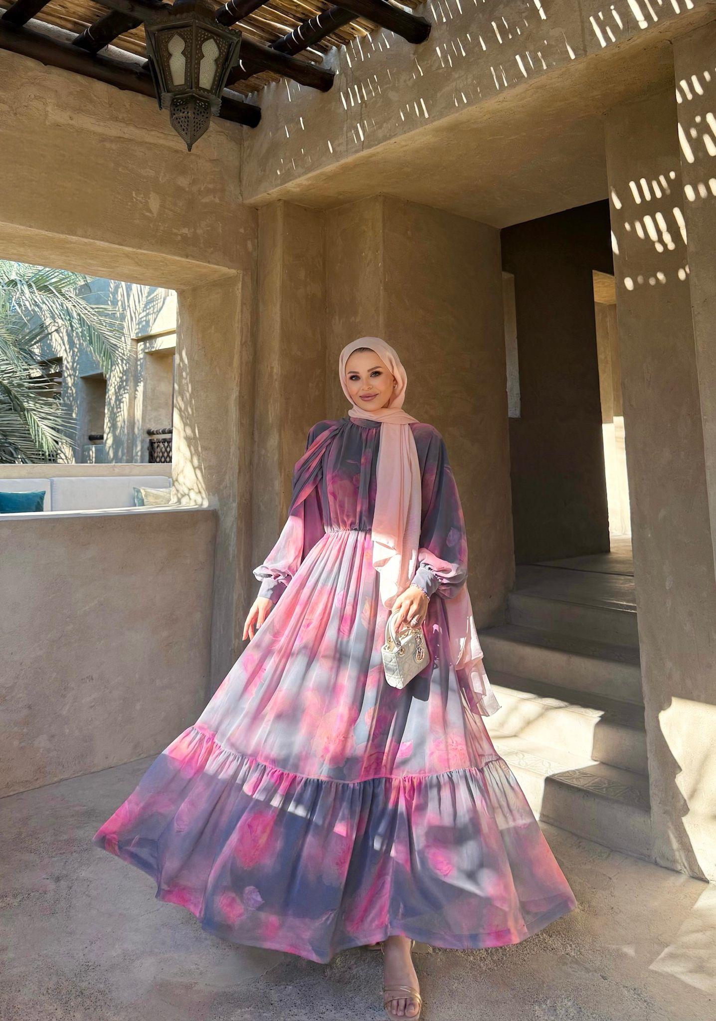 Dusty Pink Pastel Floral Chiffon Maxi Dress