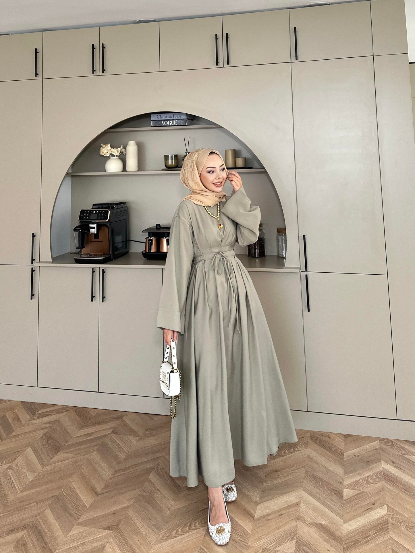 Fitted Waist Maxi Dress in Modal Fabric- Khaki