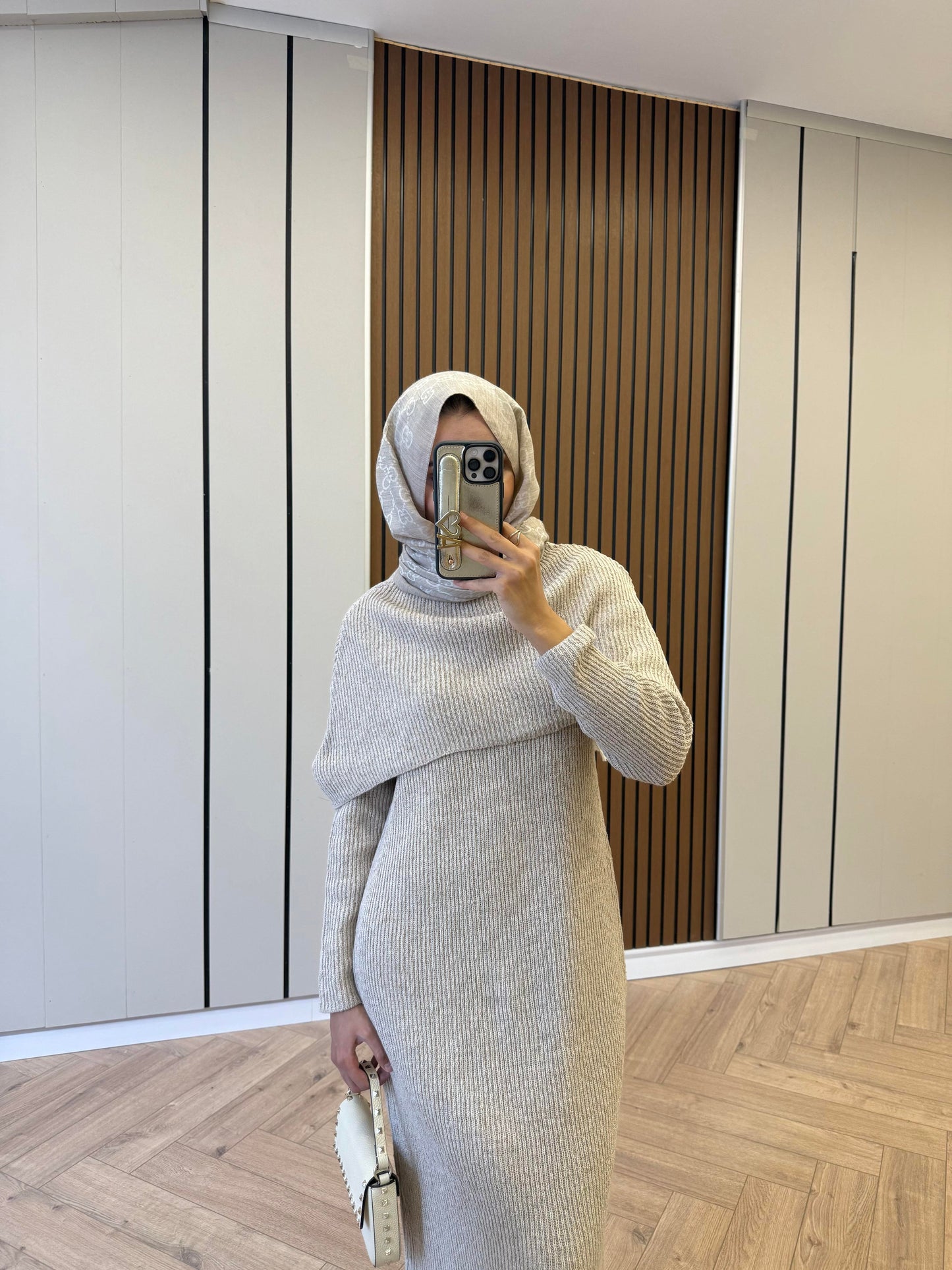 Cape-Detail Knit Dress – Beige