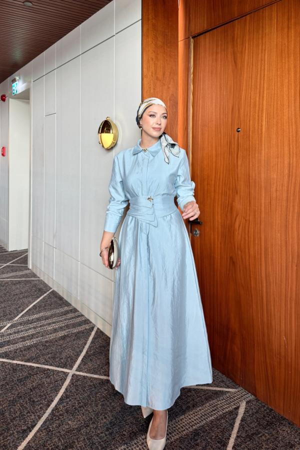 Buckle Detailed Chic Dress Baby Blue