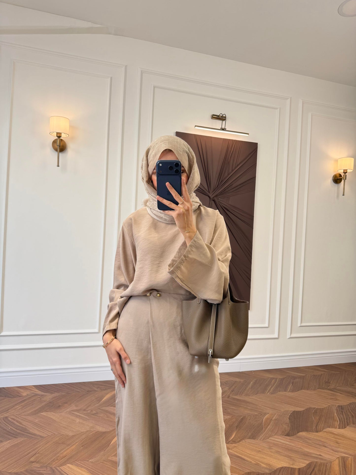 Tencel Oversized Top & Wide-Leg Trouser Co-ord Set with Brooch Waist Detail Beige