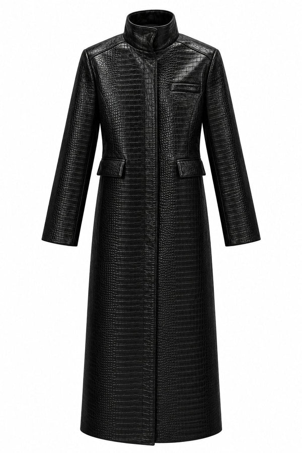 Black croco-embossed maxi trench coat front