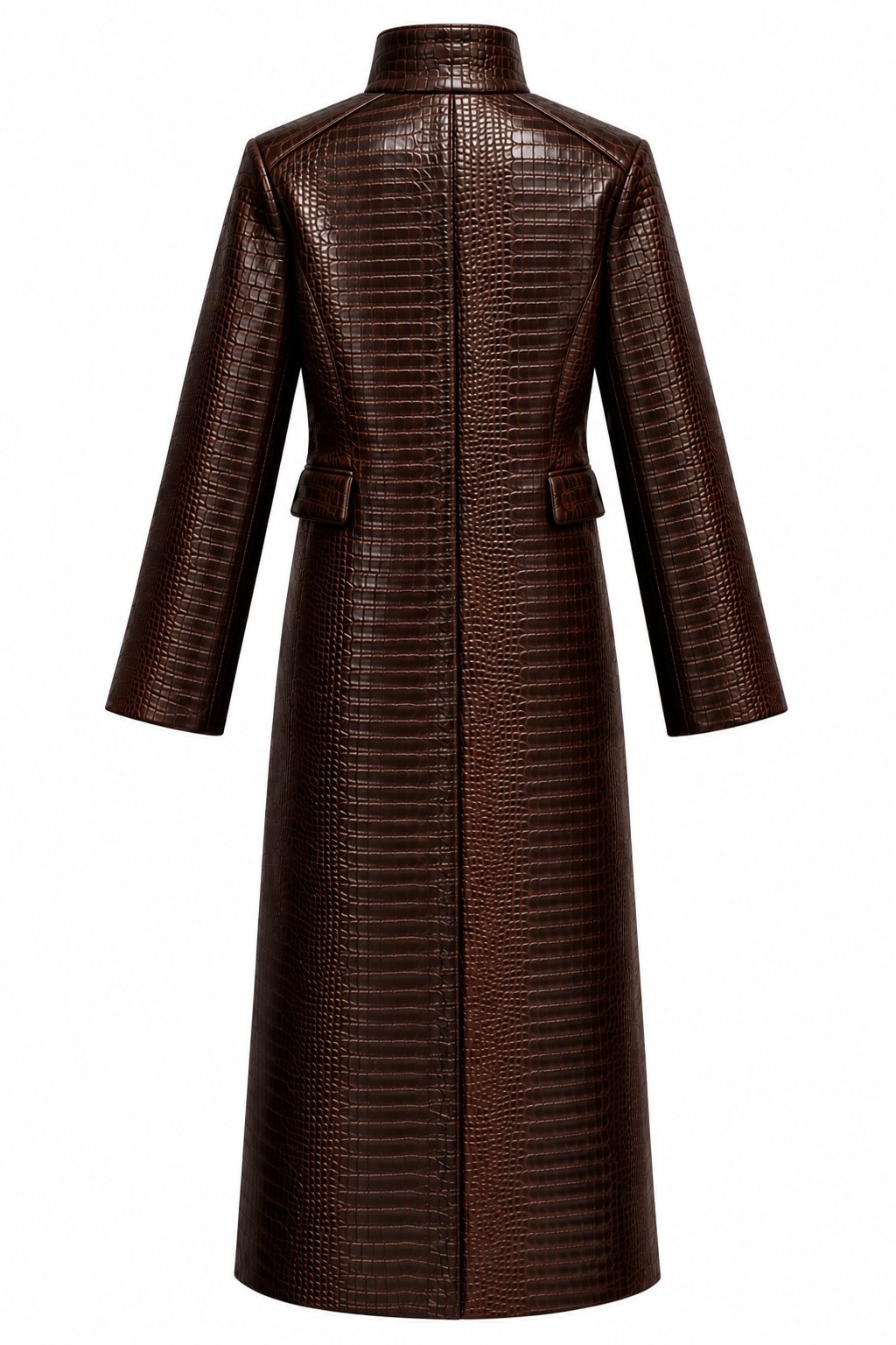 Brown croco-embossed maxi trench coat back