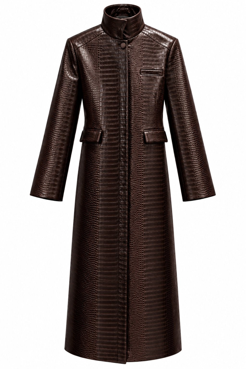 Brown croco-embossed maxi trench coat front